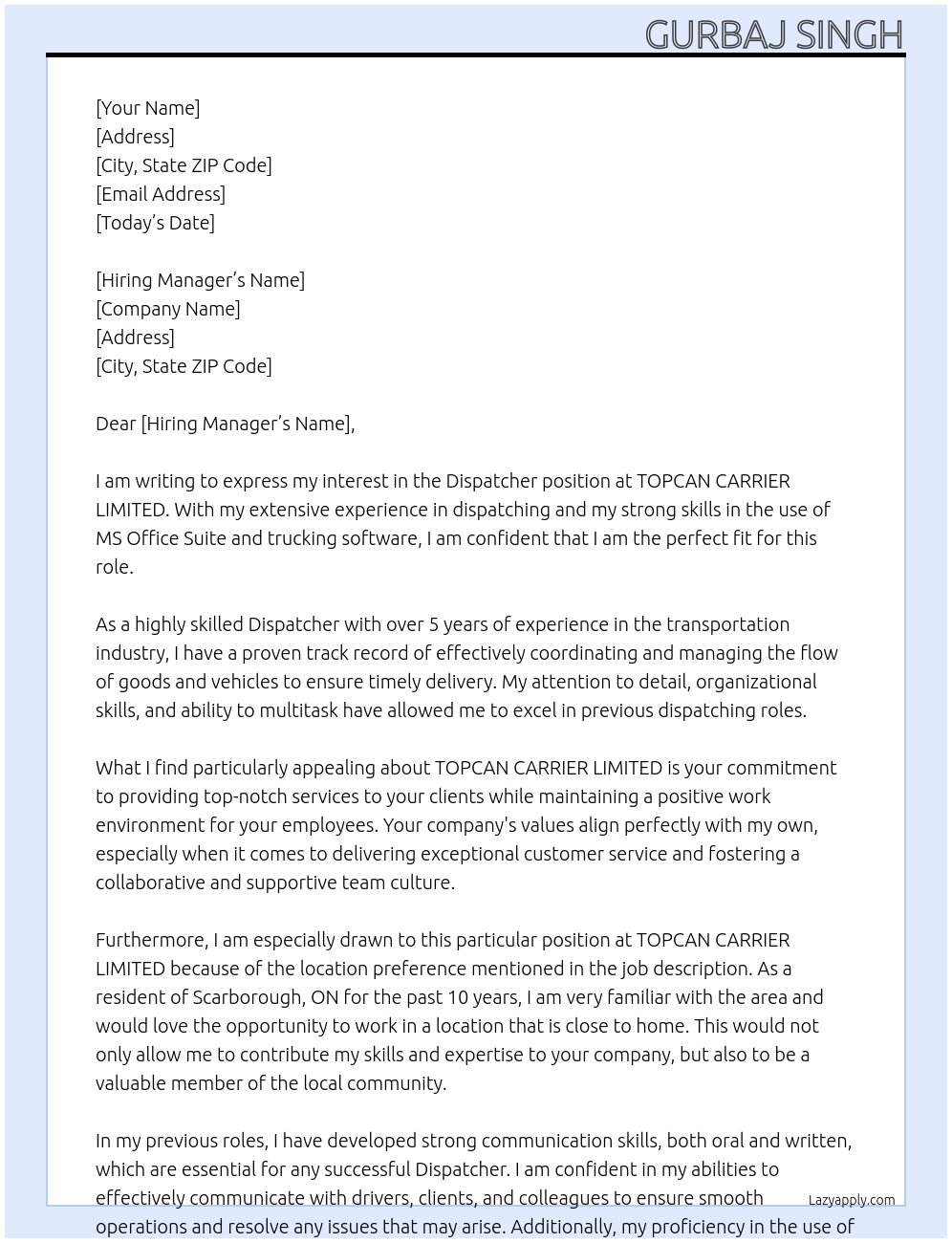 Dispatcher At TOPCAN CARRIER LIMITED Cover Letter