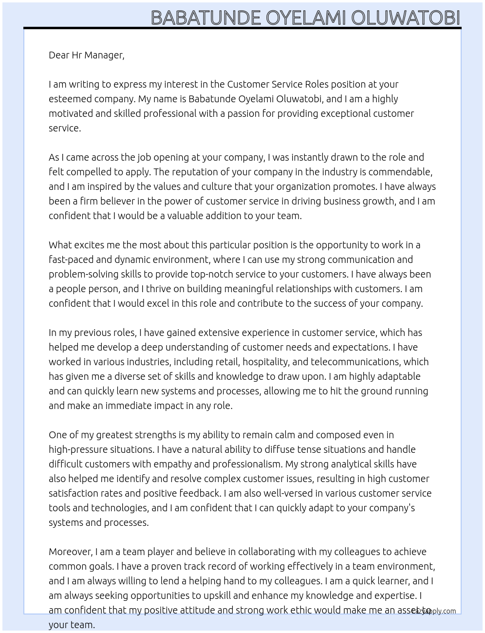 Customer Service Roles At Any company  Cover Letter