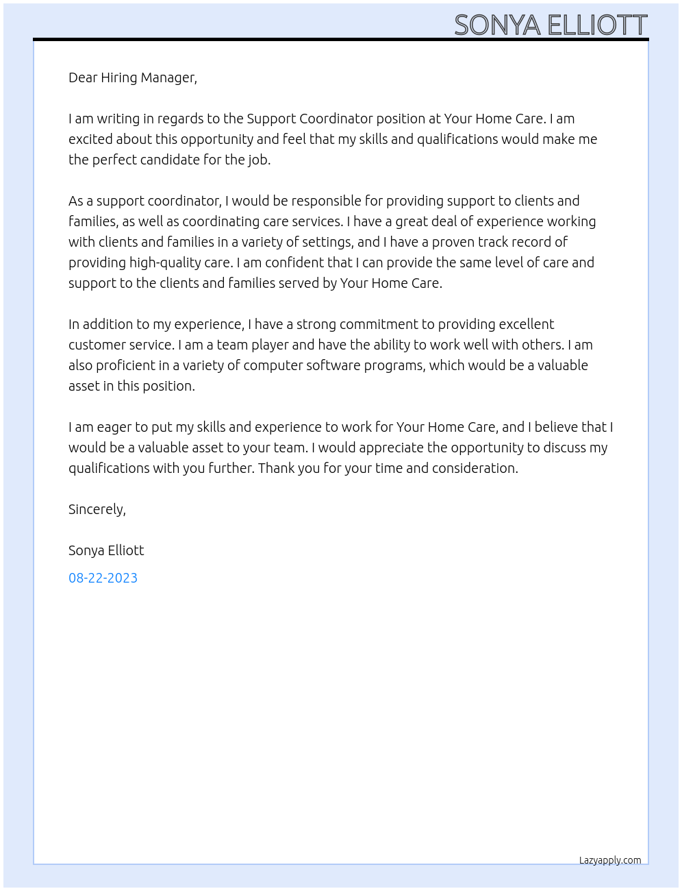 Support Coordinator At Your Home Care Cover Letter