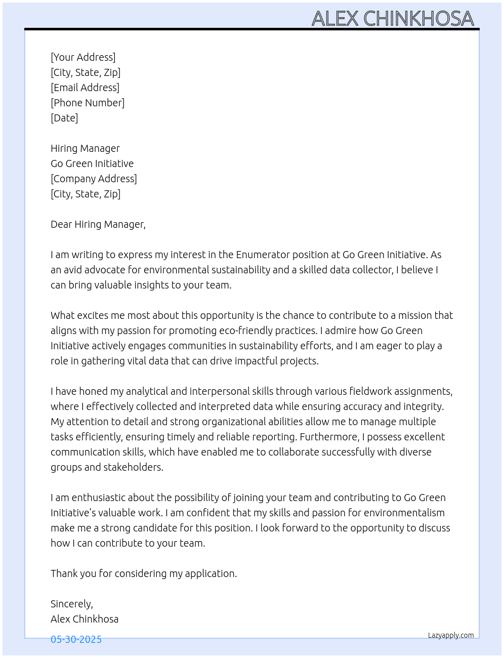 Enumerators At Go green initiative Cover Letter