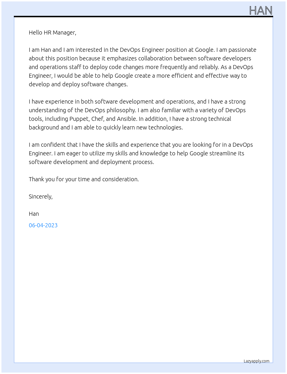 DevOps Enginner At Google Cover Letter