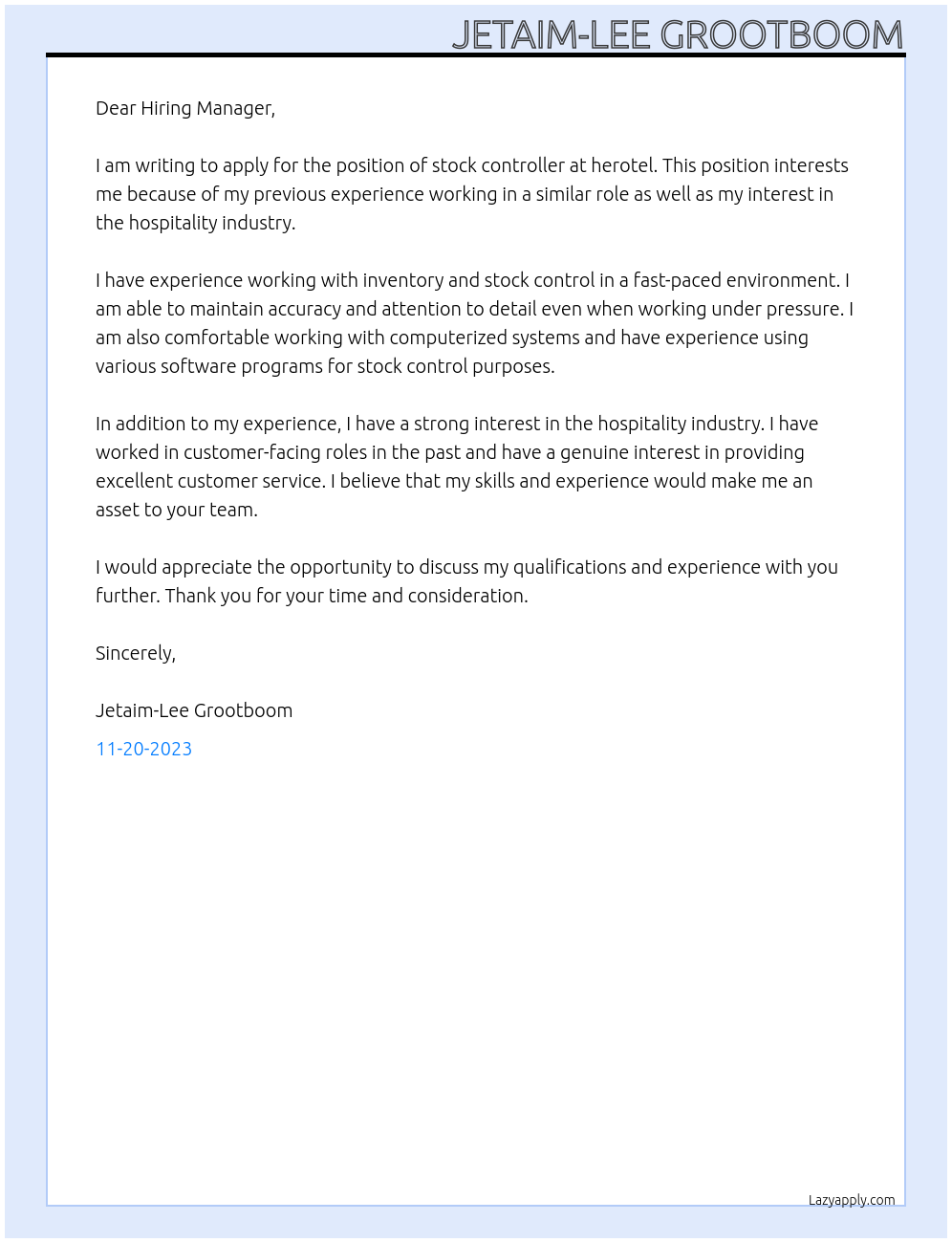 stock controller At herotel Cover Letter