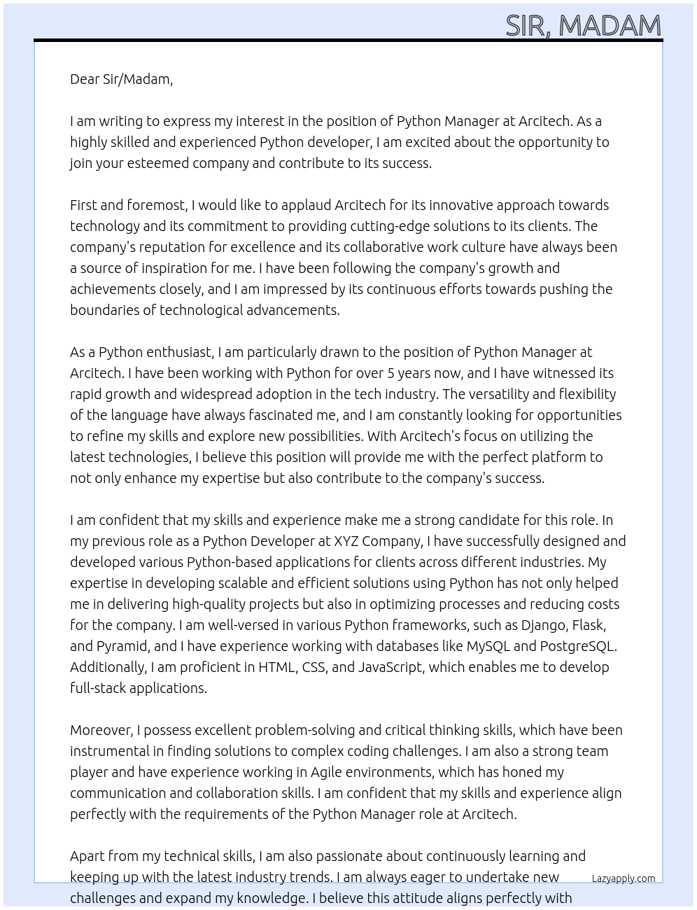 python At Arcitech Cover Letter