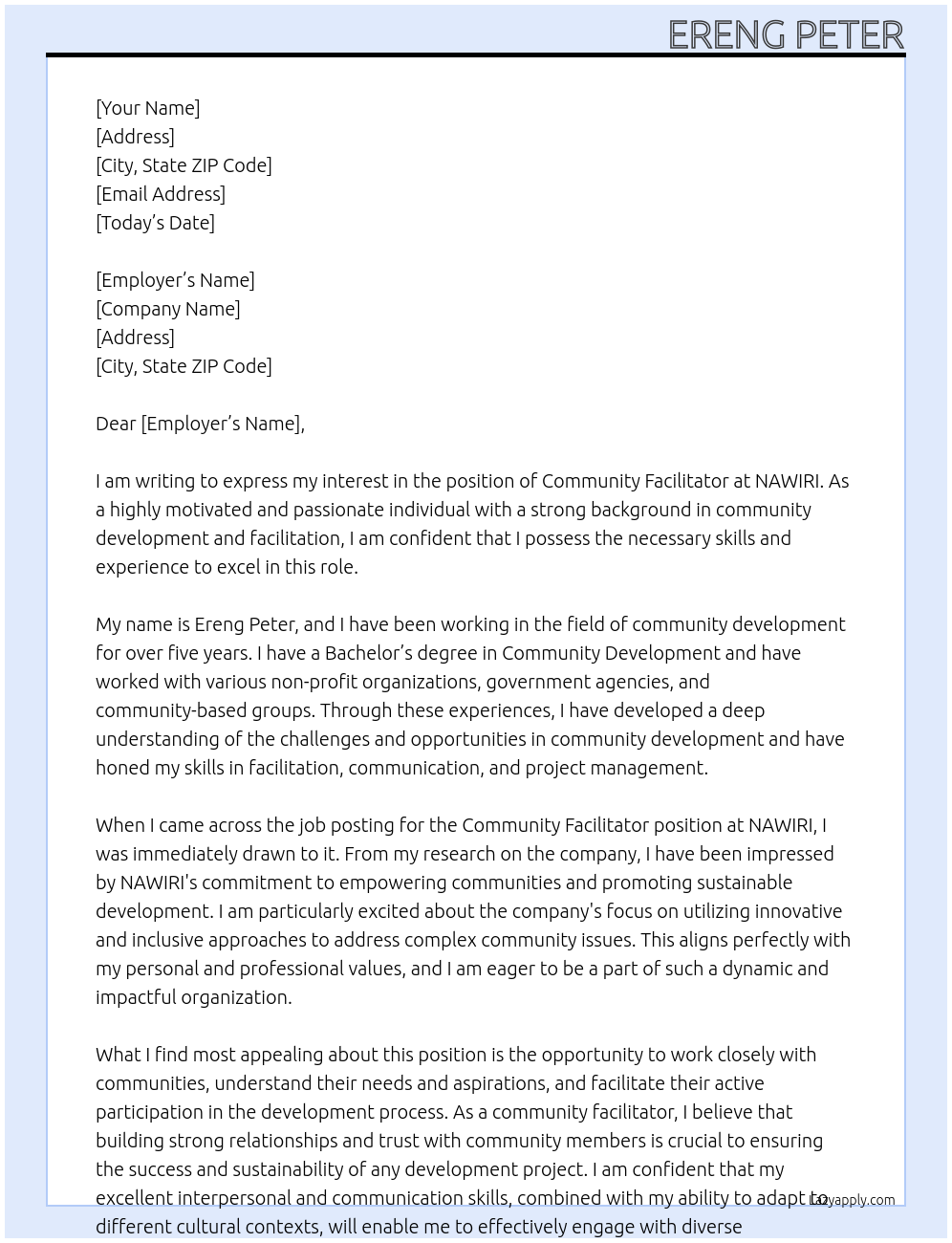 COMMUNITY FACILITATOR At NAWIRI Cover Letter