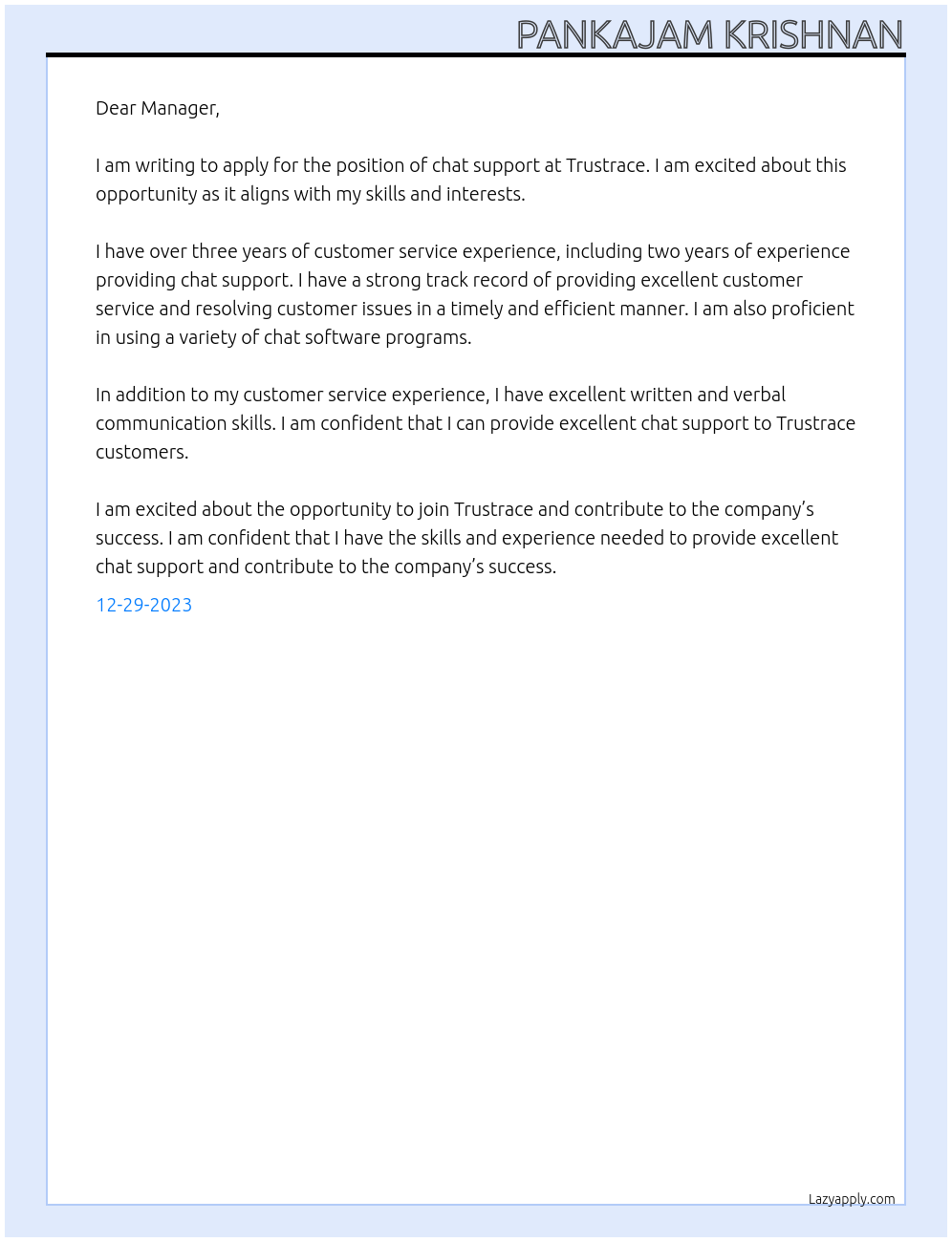 chat support At trustrace Cover Letter