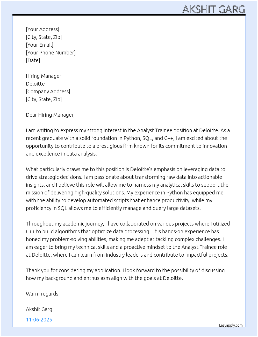 Analyst trainee At Deloitte Cover Letter