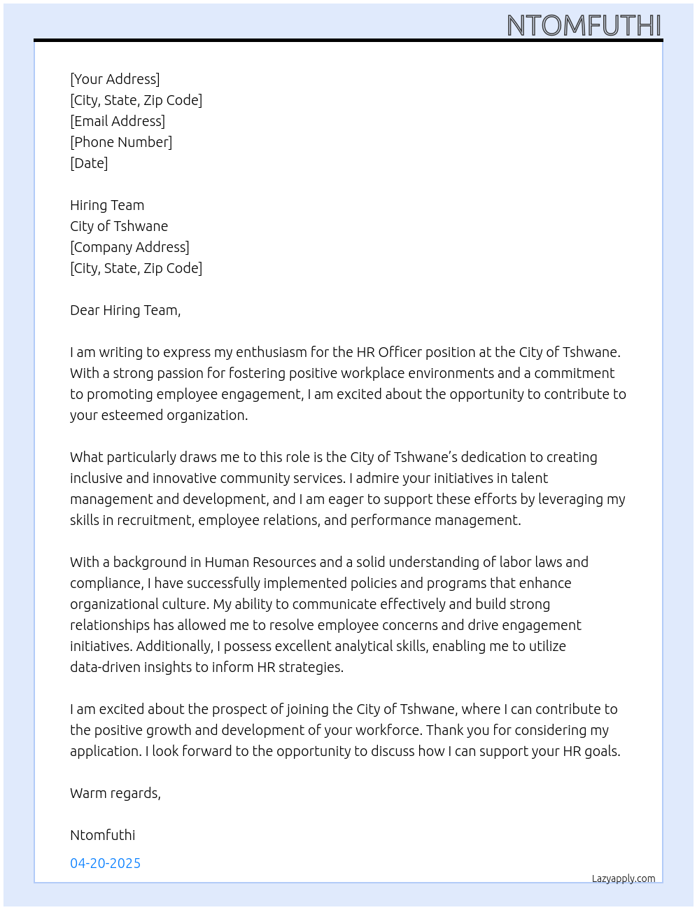 HR Officer At City of Tshwane Cover Letter