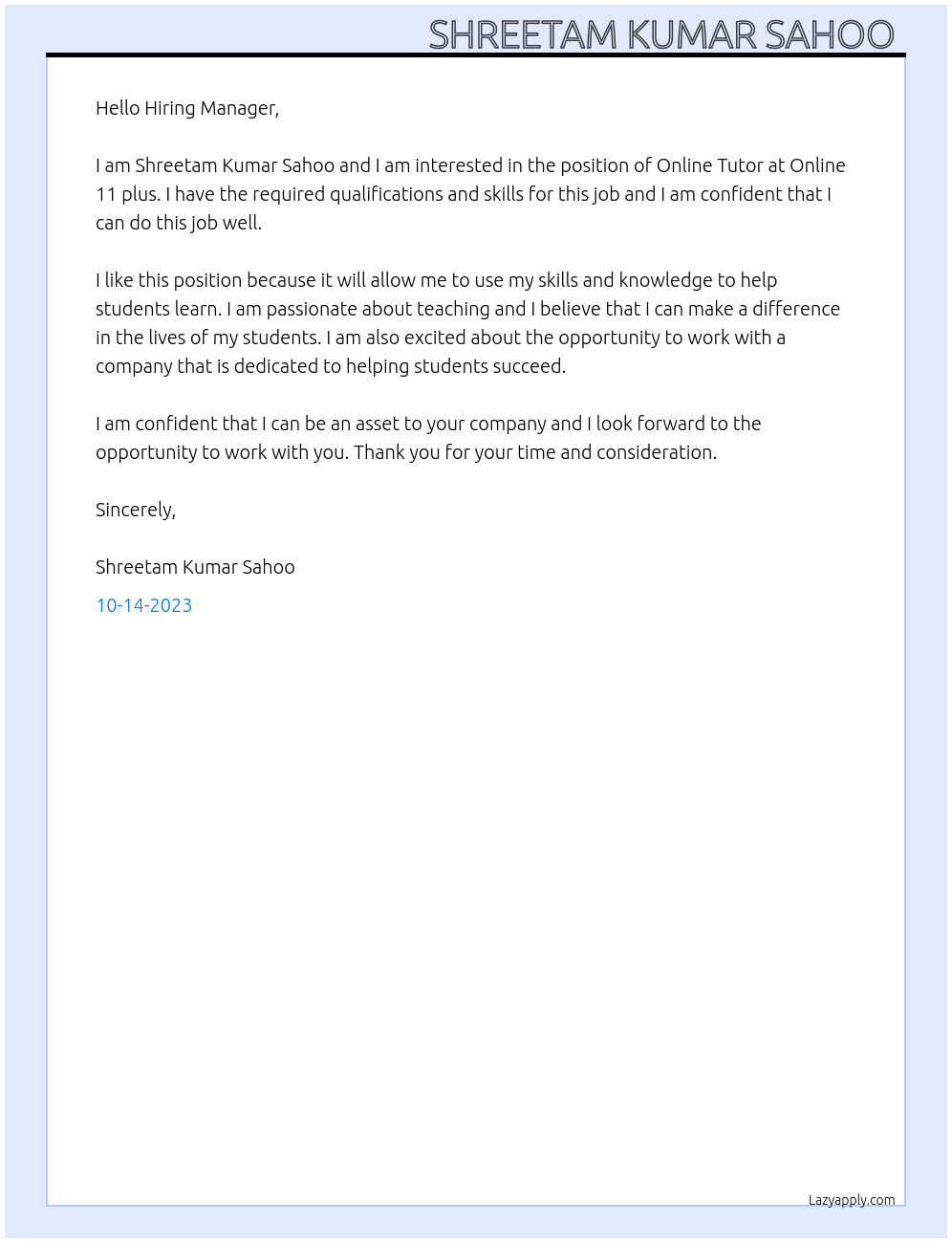 Online Tutor At Online 11 plus Cover Letter