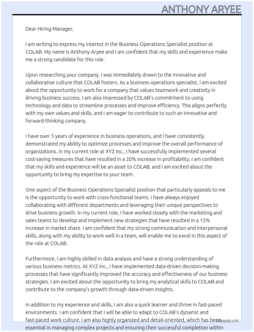 Business Operations specialist At COLAB Cover Letter