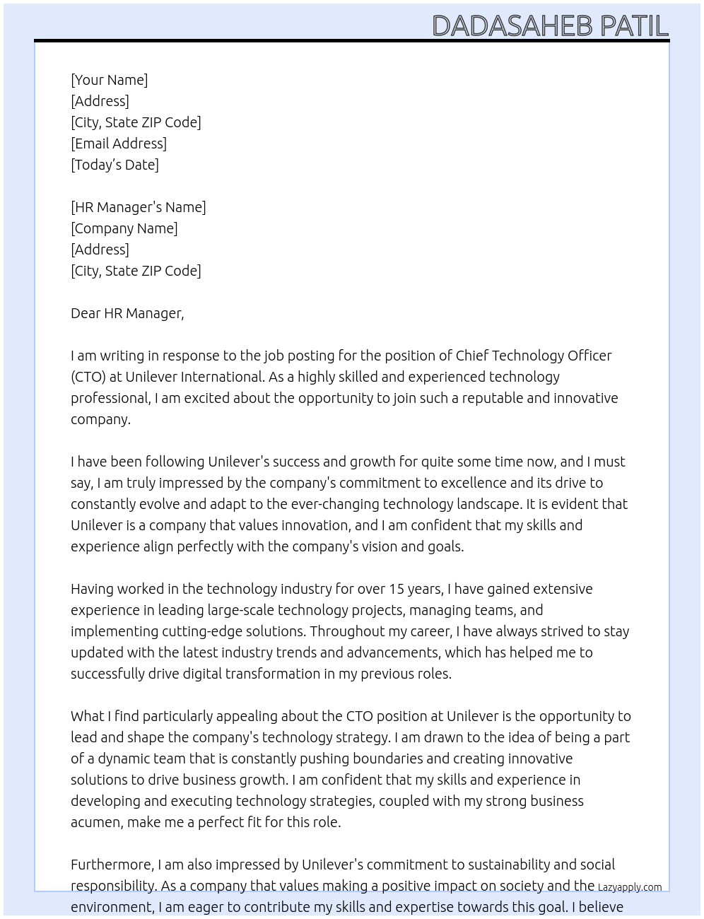 CTO At Unilever International Cover Letter