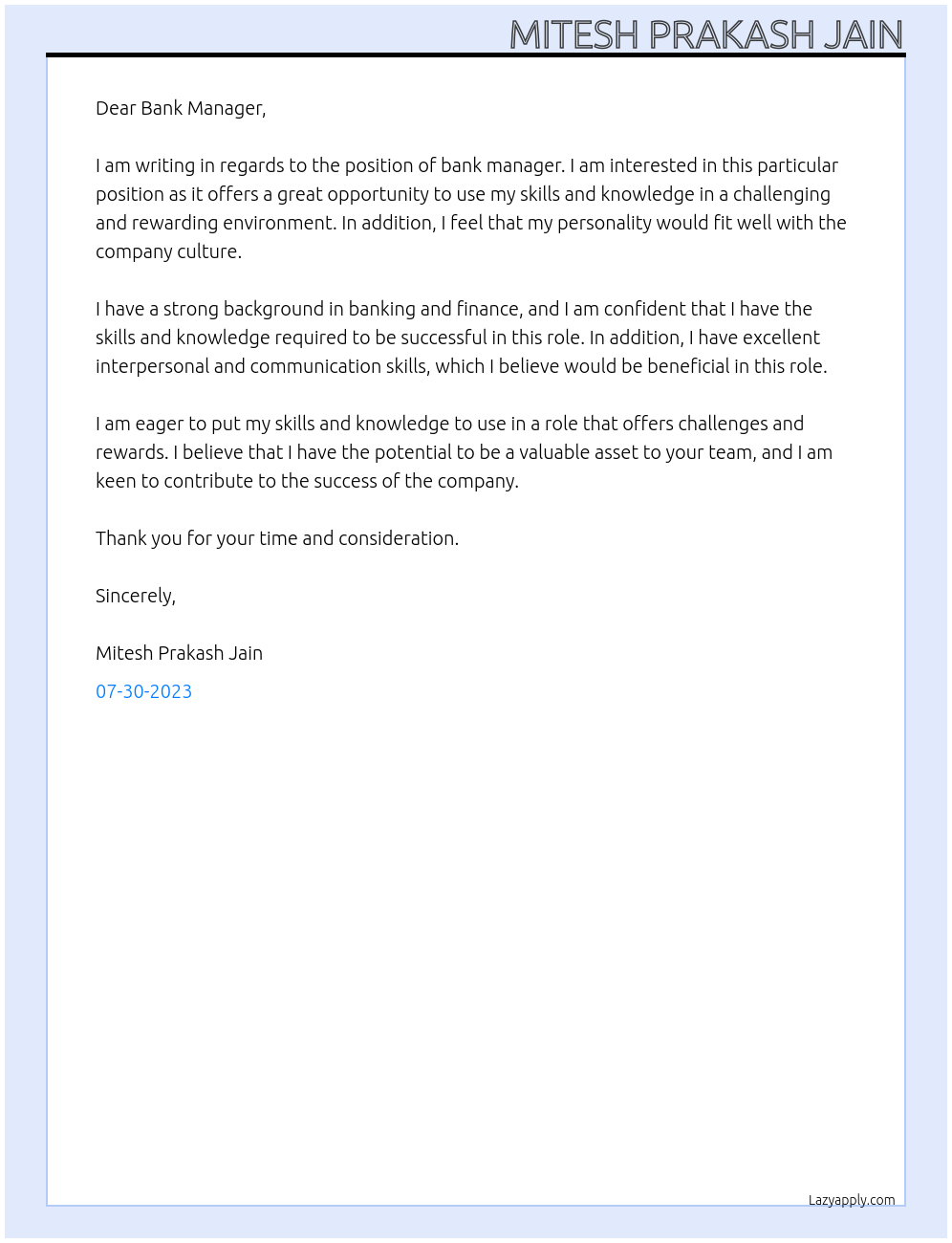 Bank manager  At Sales Executive  Cover Letter