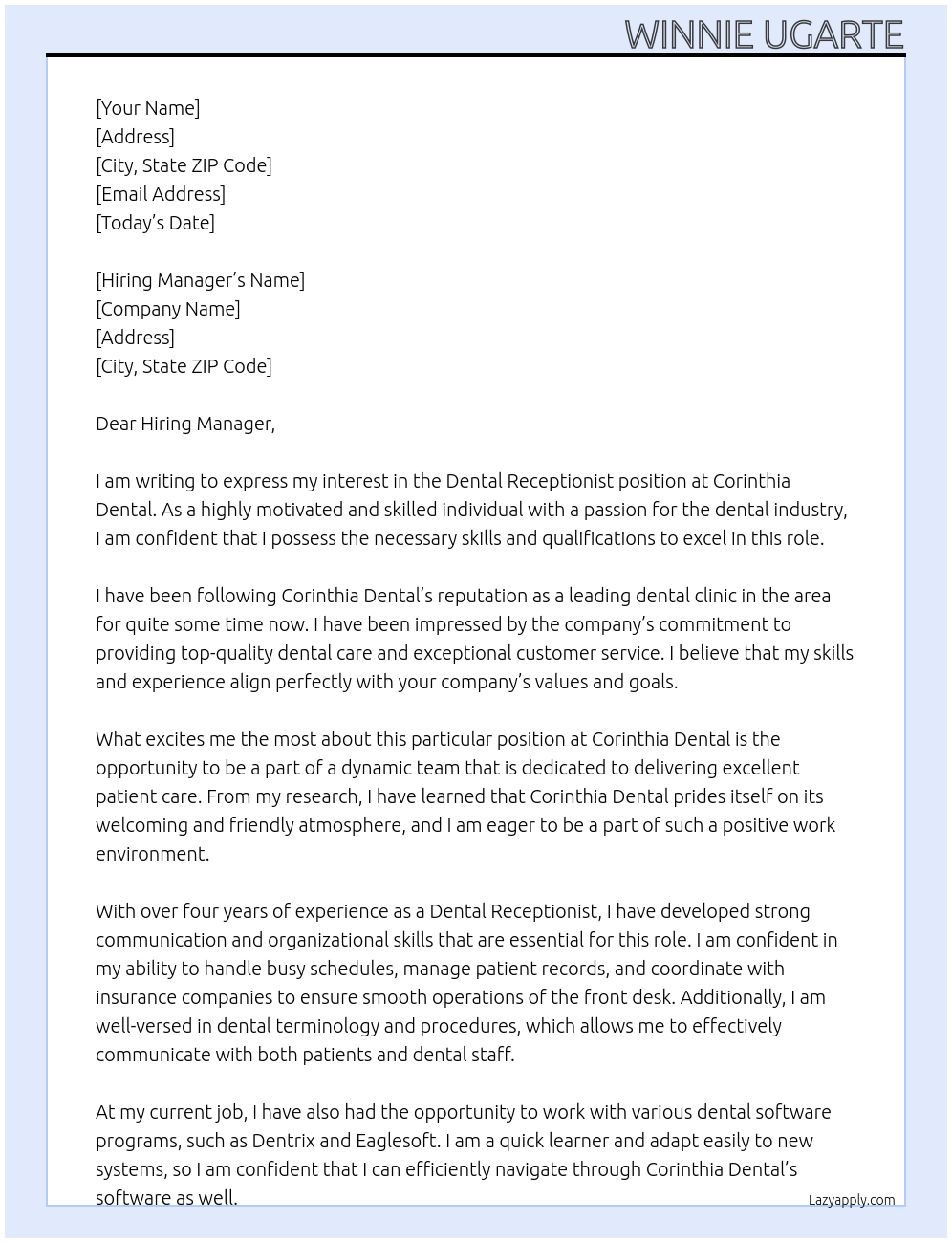 Dental Receptionist At Corinthia Dental Cover Letter
