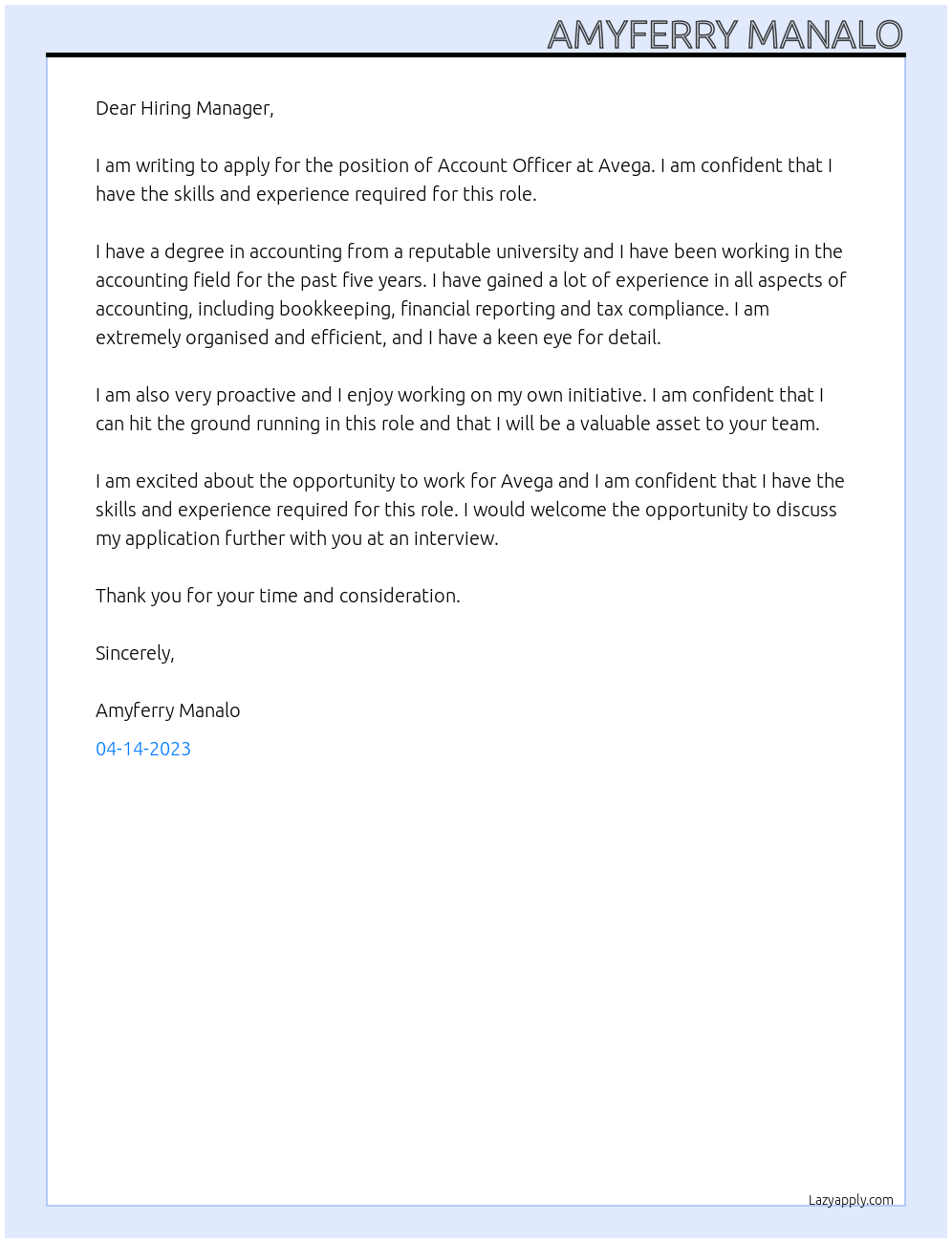 Account officer At Avega Cover Letter