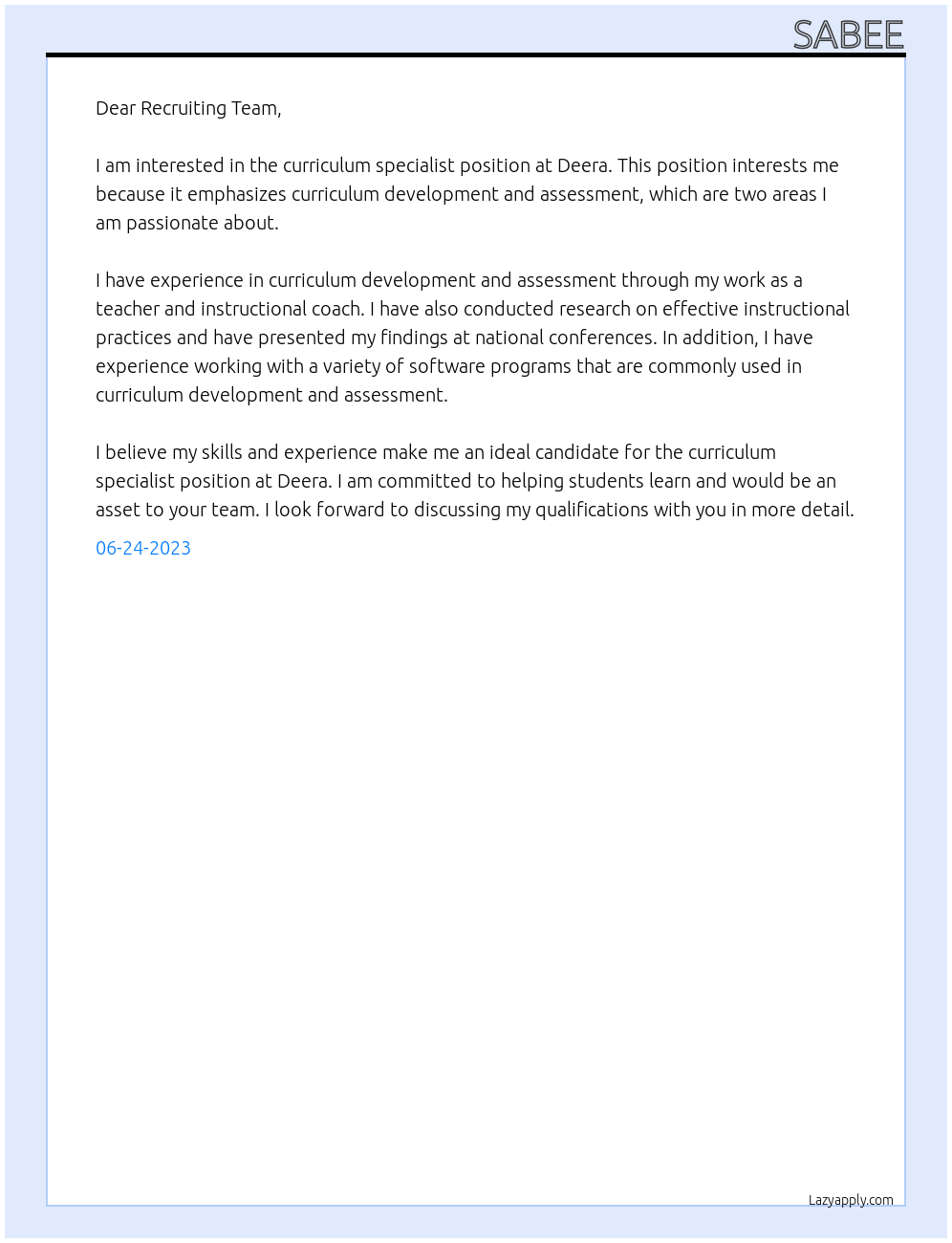 curriculum specialist At Deera Cover Letter