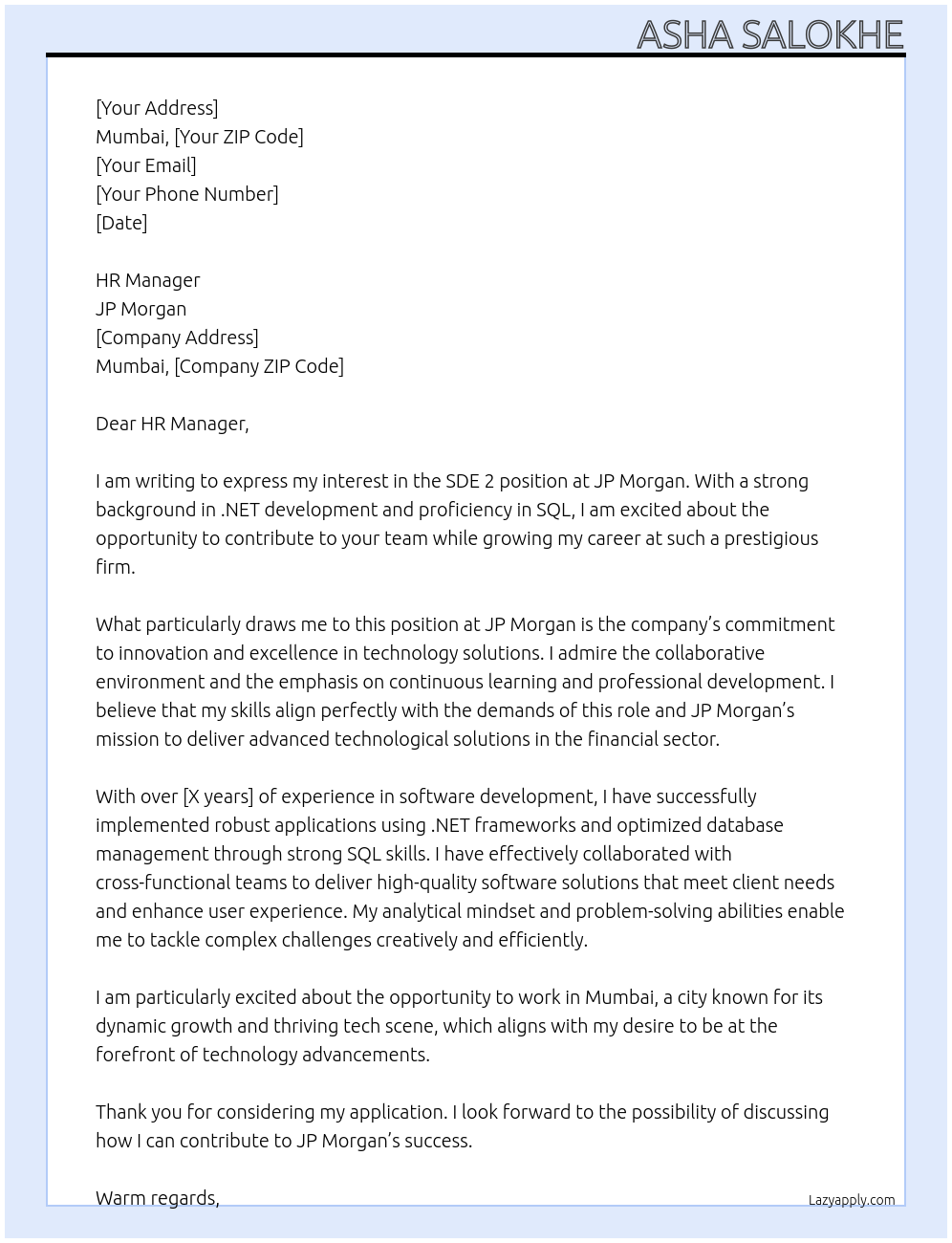 SDE 2 At JP morgan Cover Letter