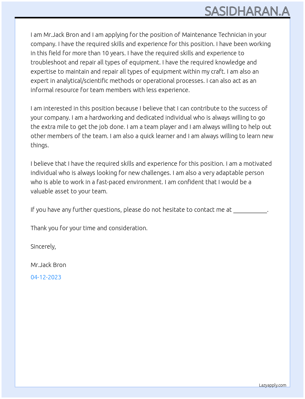 Maintenance Technician At client in Zeeland Cover Letter