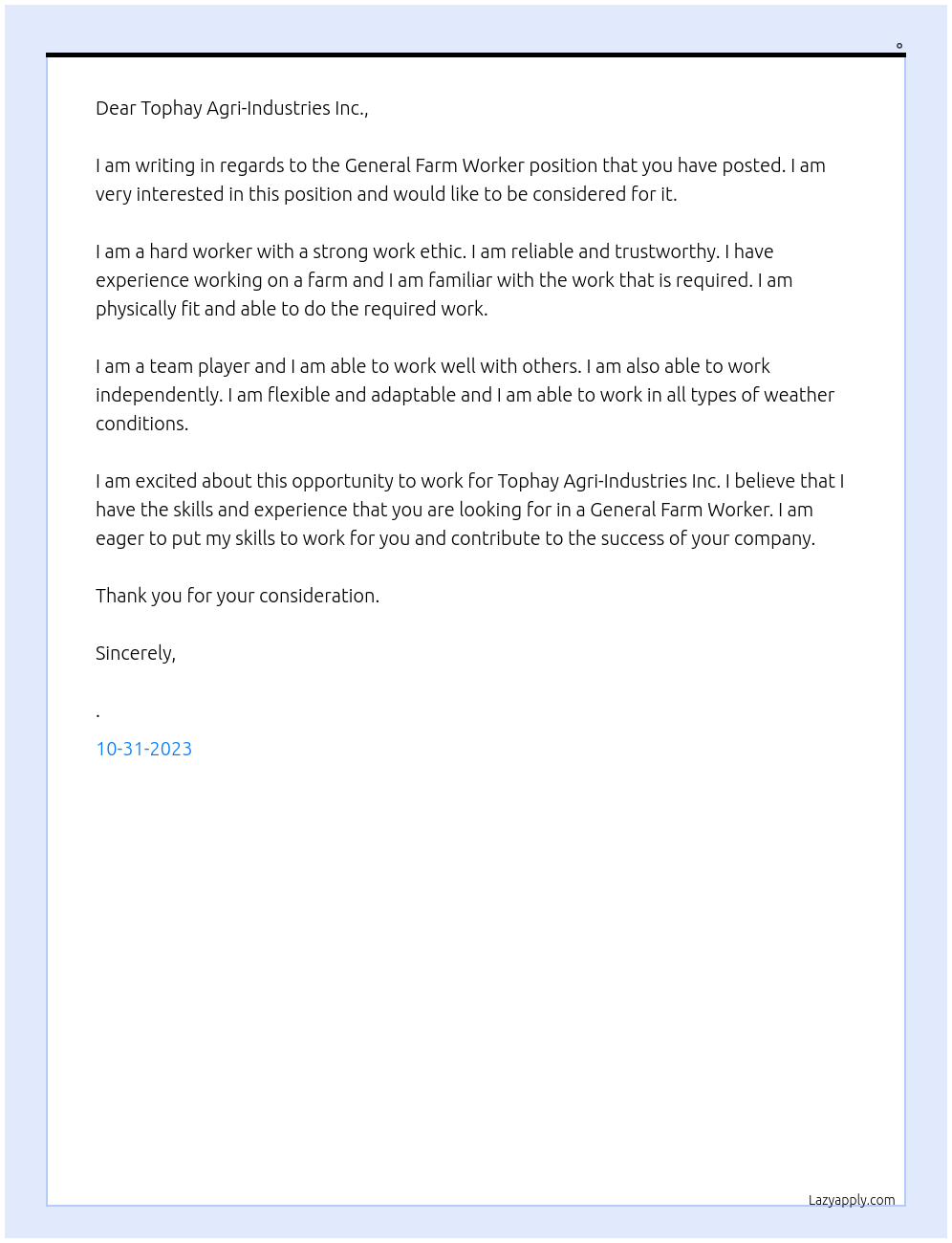 General Farm Worker At Tophay Agri-Industries Inc Cover Letter