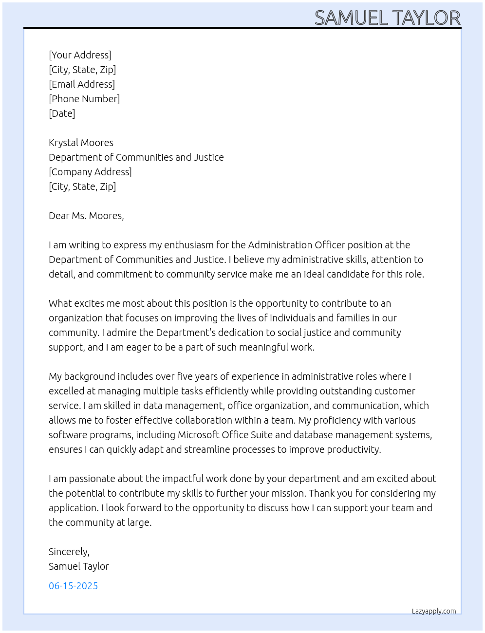 Administration officer At Department of Communities and Justice Cover Letter