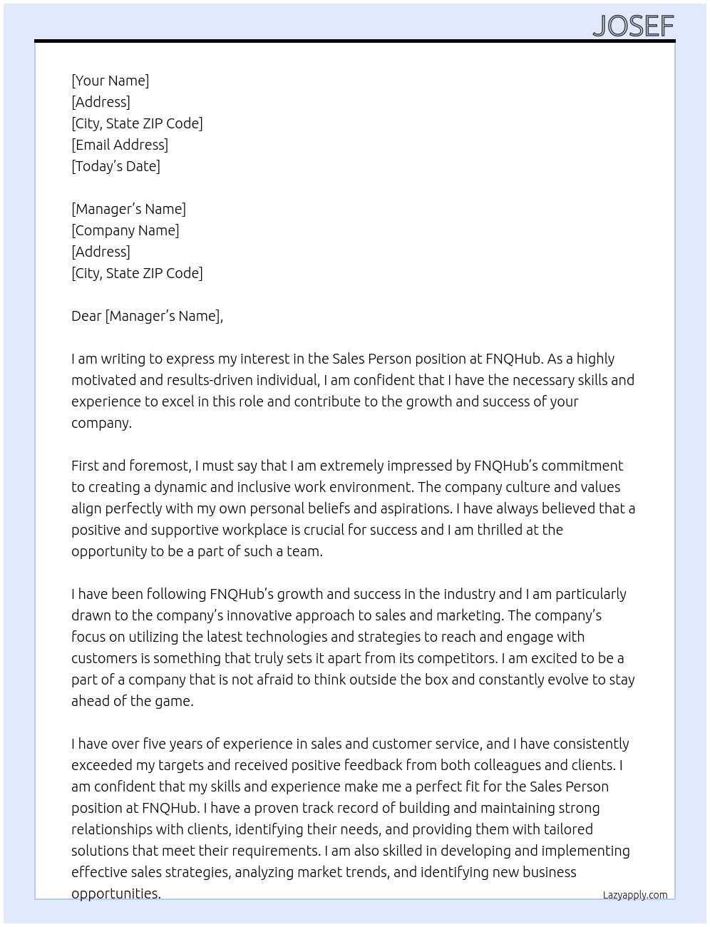 Sales Person At FNQHub Cover Letter