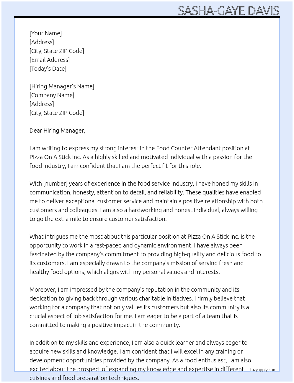 Food Counter Attendant At Pizza On A Stick Inc. Cover Letter