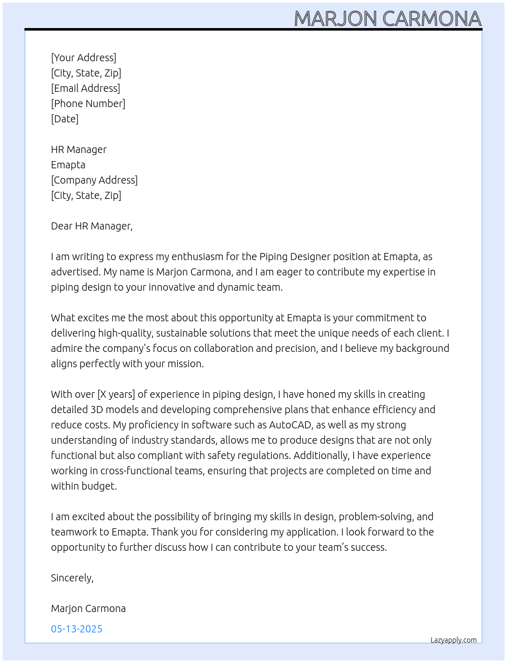 Cover letter for piping designer - LazyApply