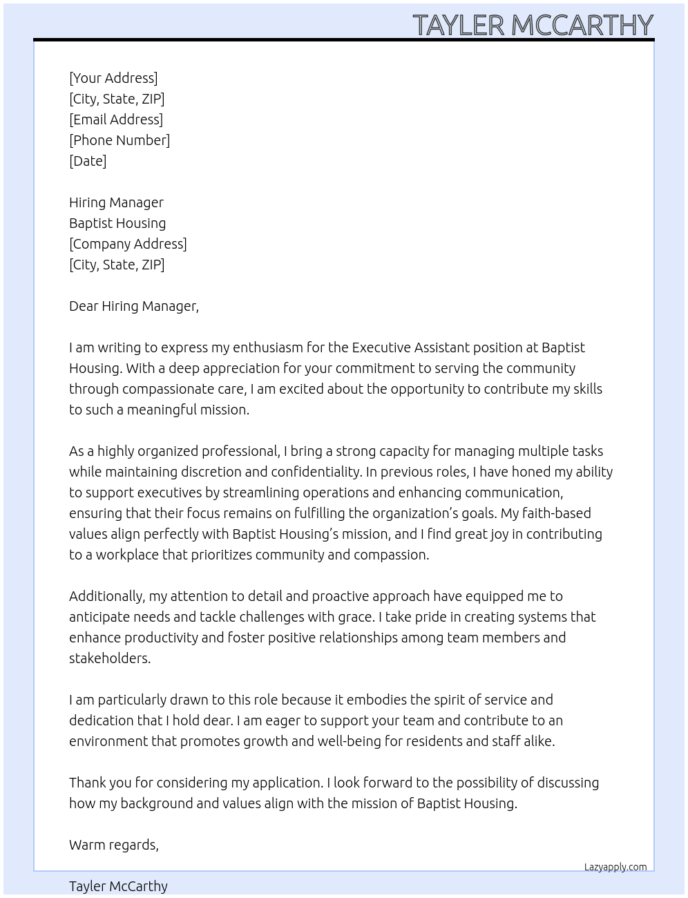 Executive assistant At Baptist Housing  Cover Letter
