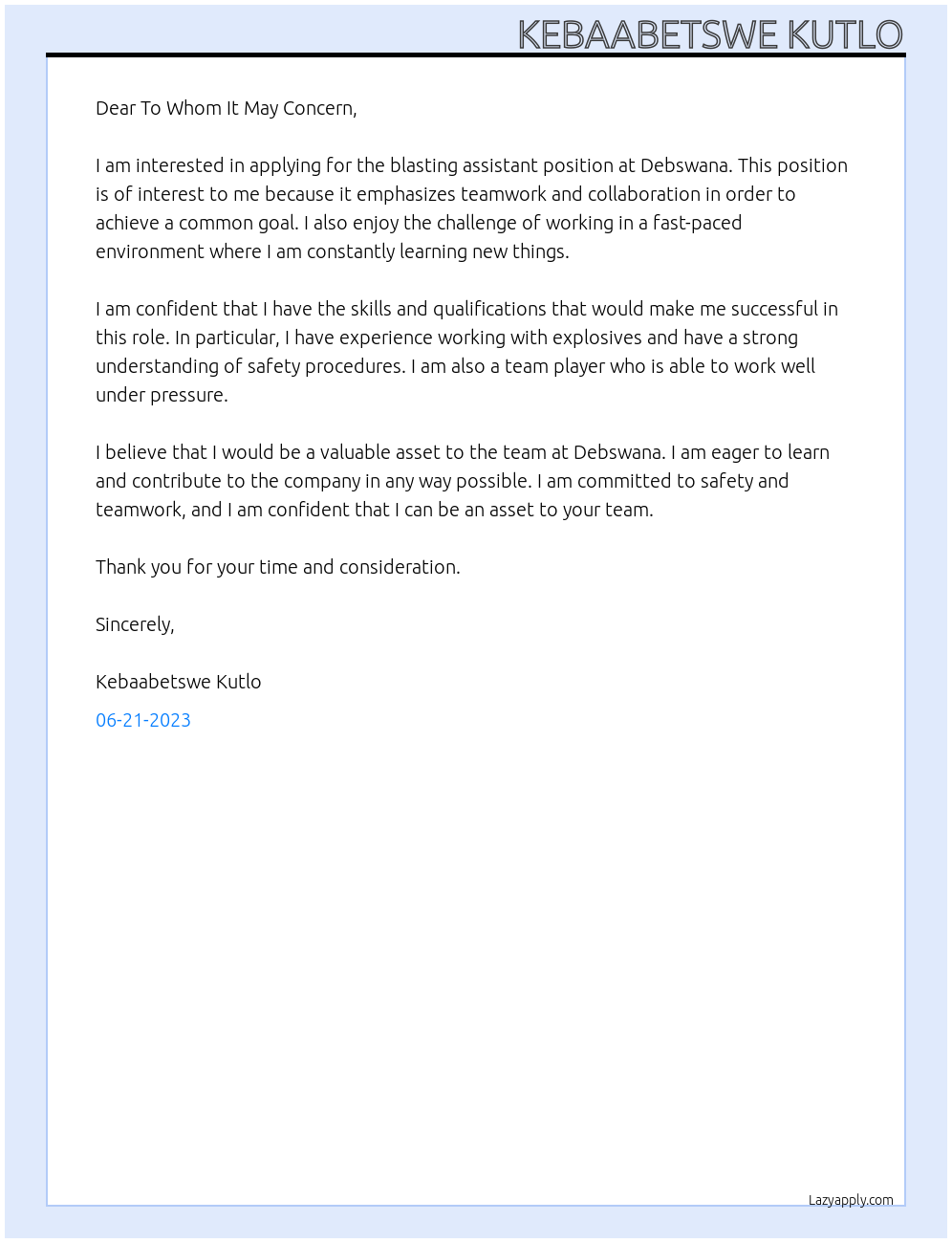 Blasting Assistant At Debswana  Cover Letter