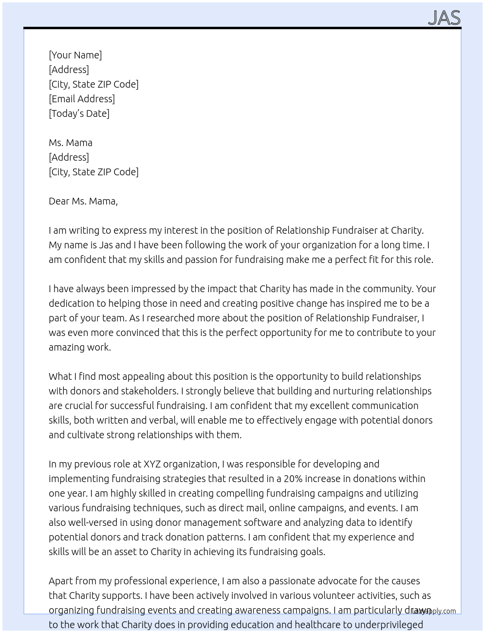 relationship fundraiser At charity Cover Letter
