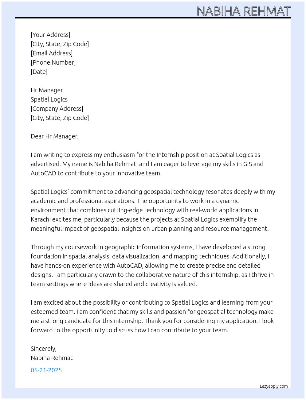 Internship At Spatial logics Cover Letter