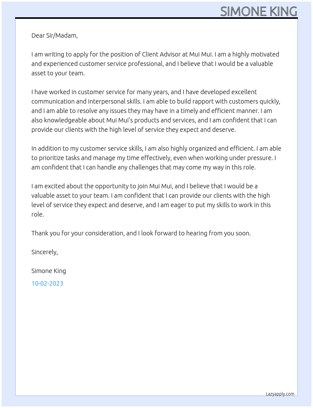 Client Advisor At Mui Mui Cover Letter