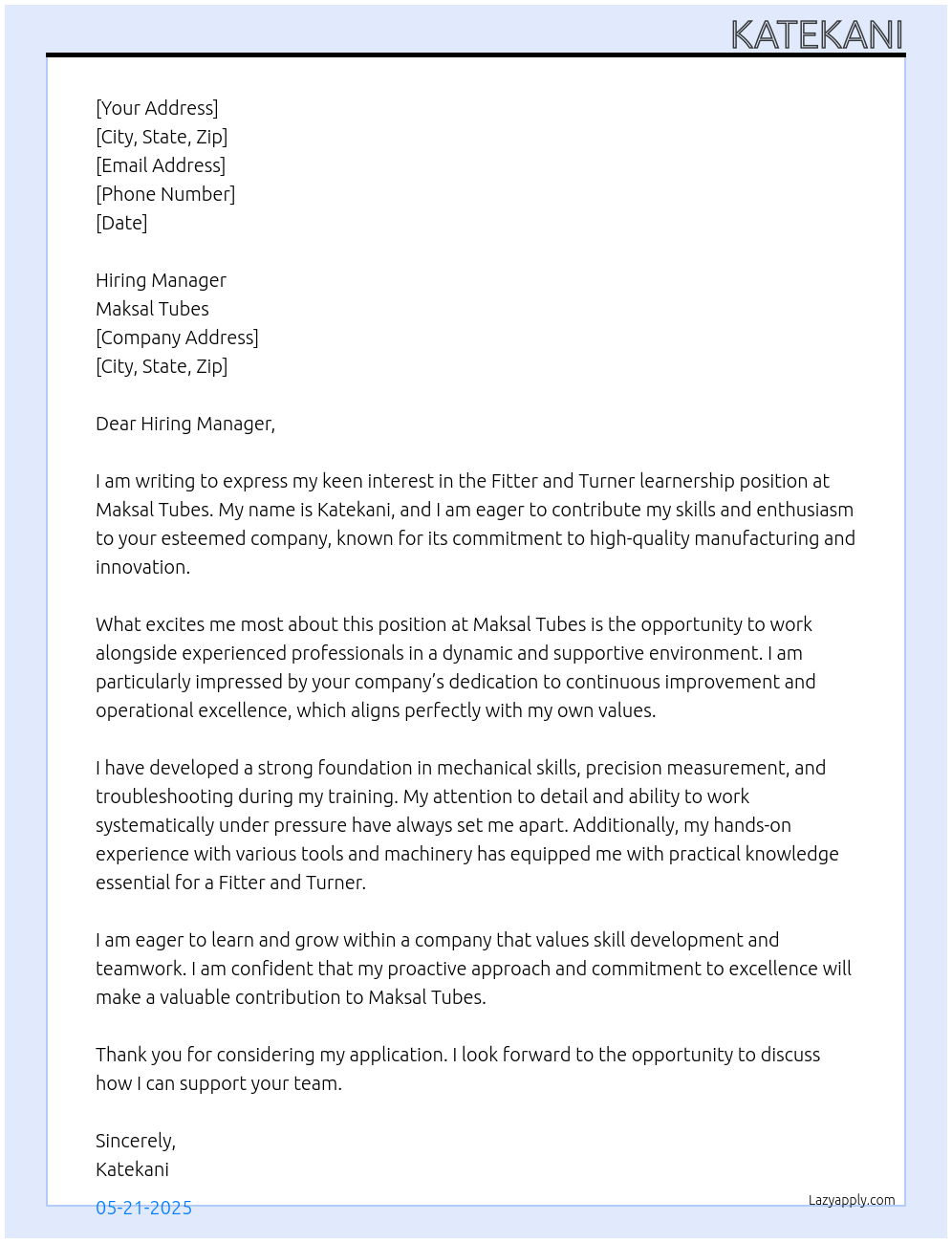 Fitter and turner learnership At Maksal Tubes Cover Letter