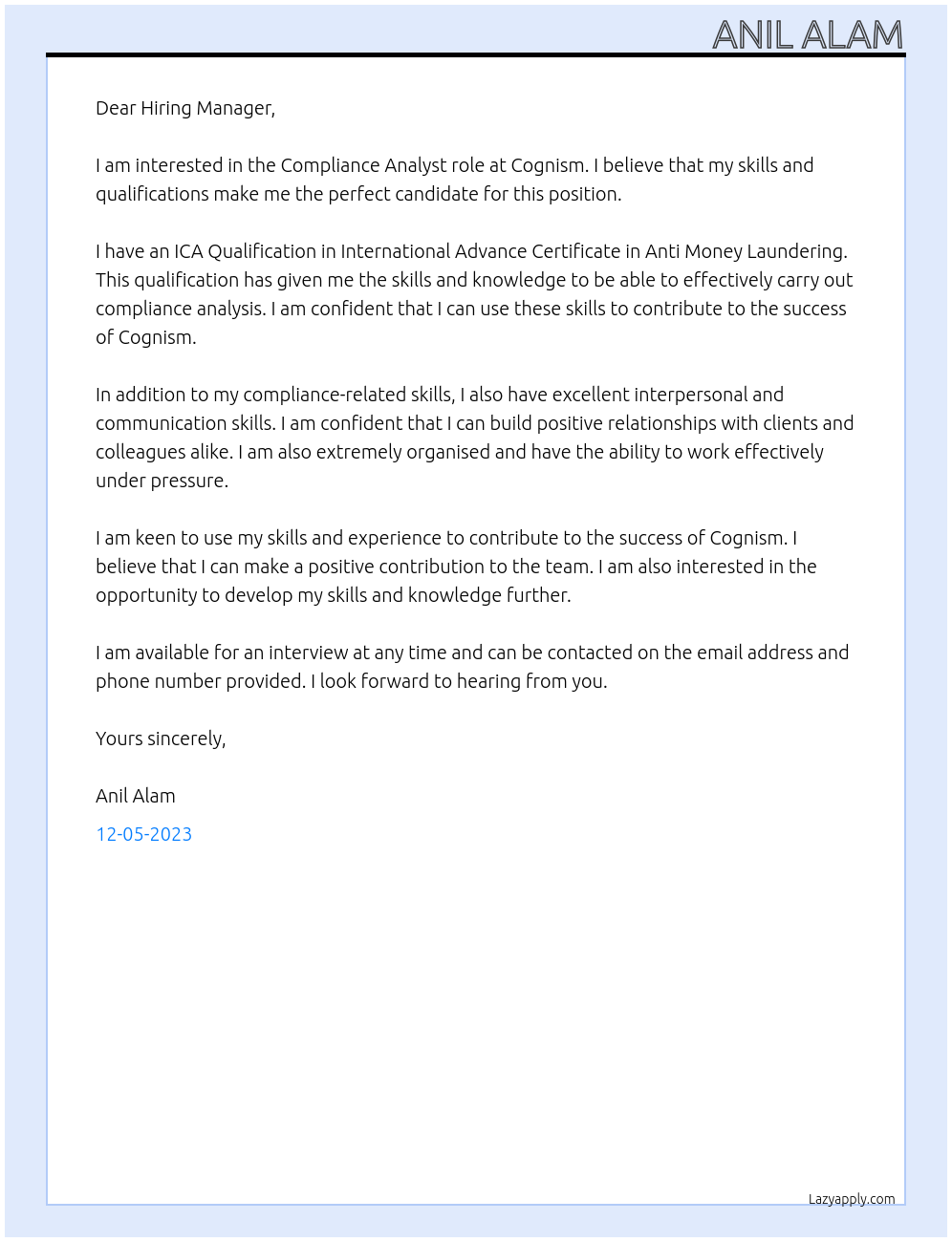 Compliance Analyst At Cognism Cover Letter