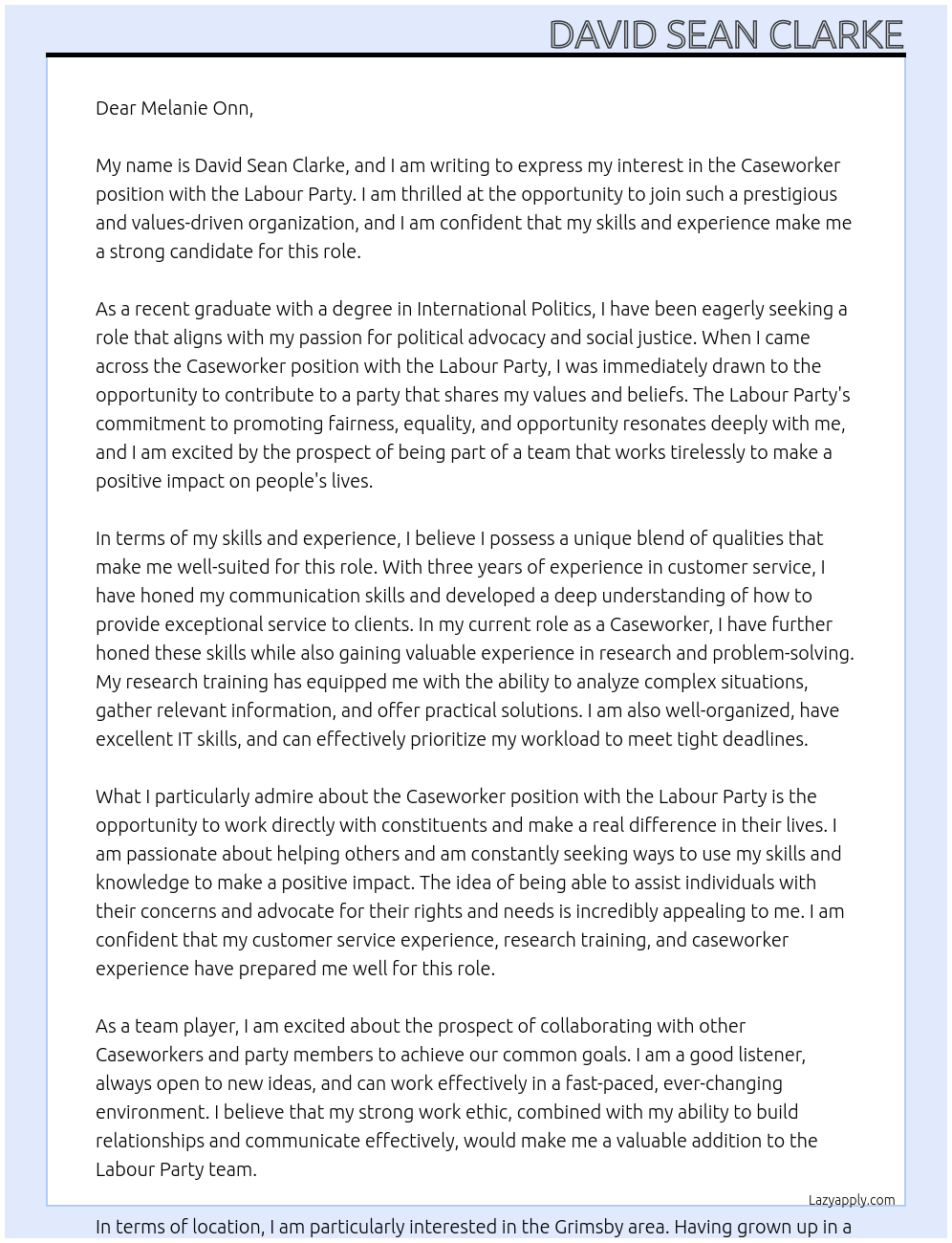 Caseworker At Labour Party Cover Letter