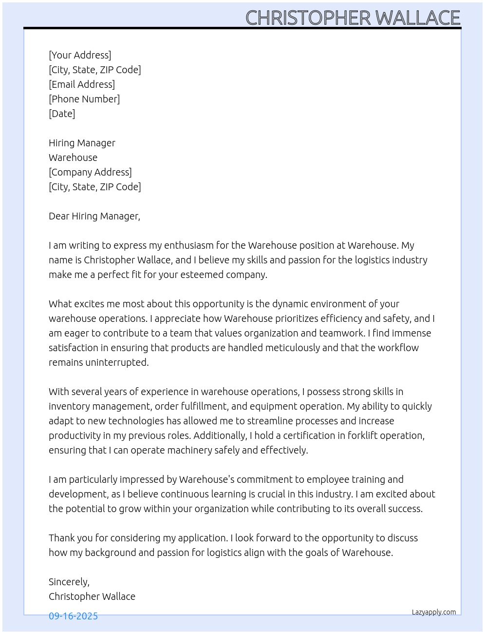 warehouse At warehouse Cover Letter