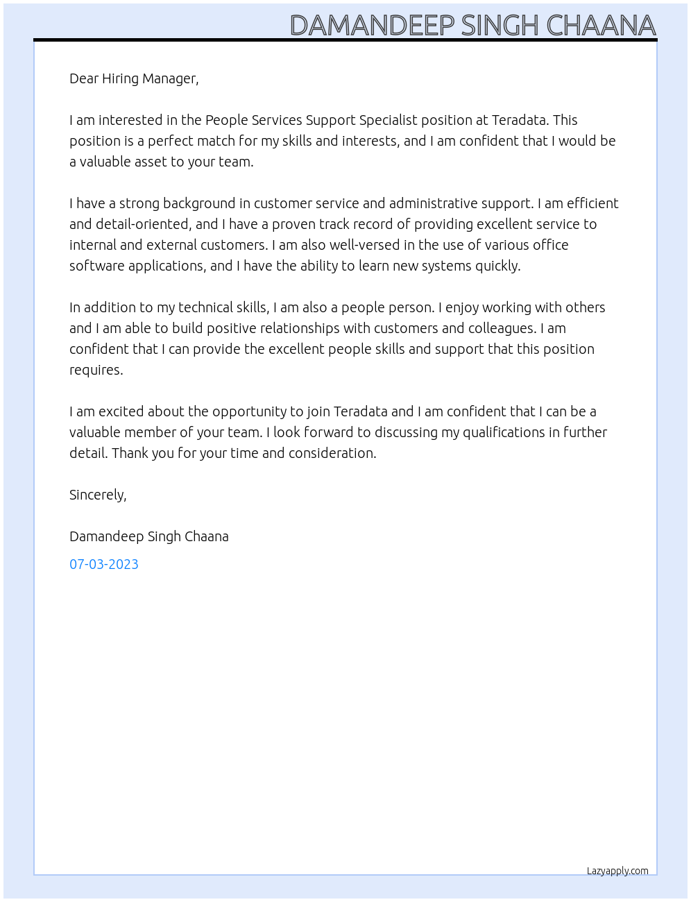 People Services Support Specialist At Teradata Cover Letter