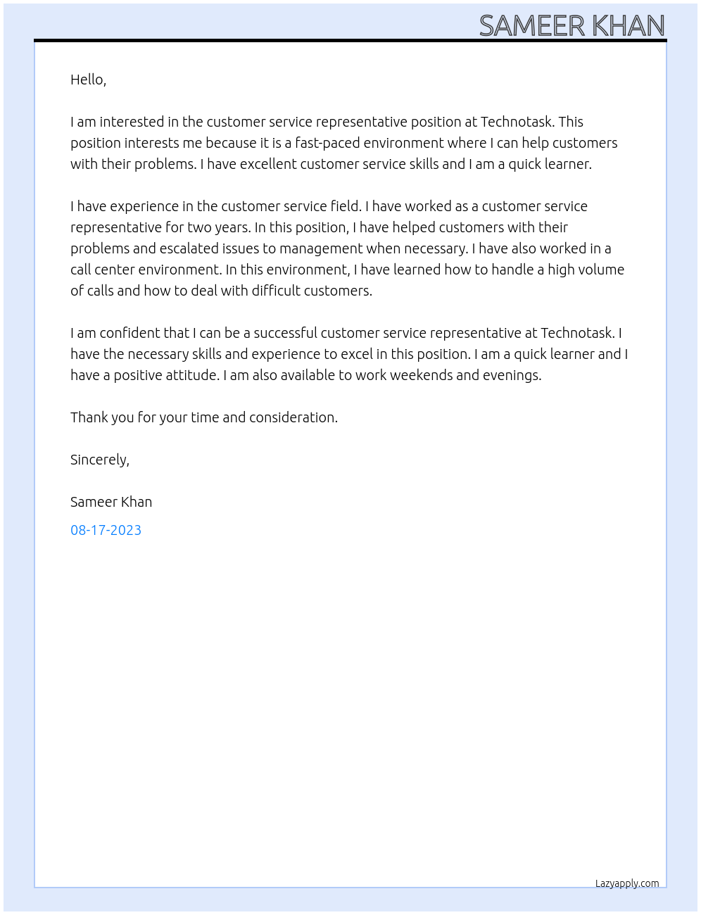 CSA At Technotask Cover Letter