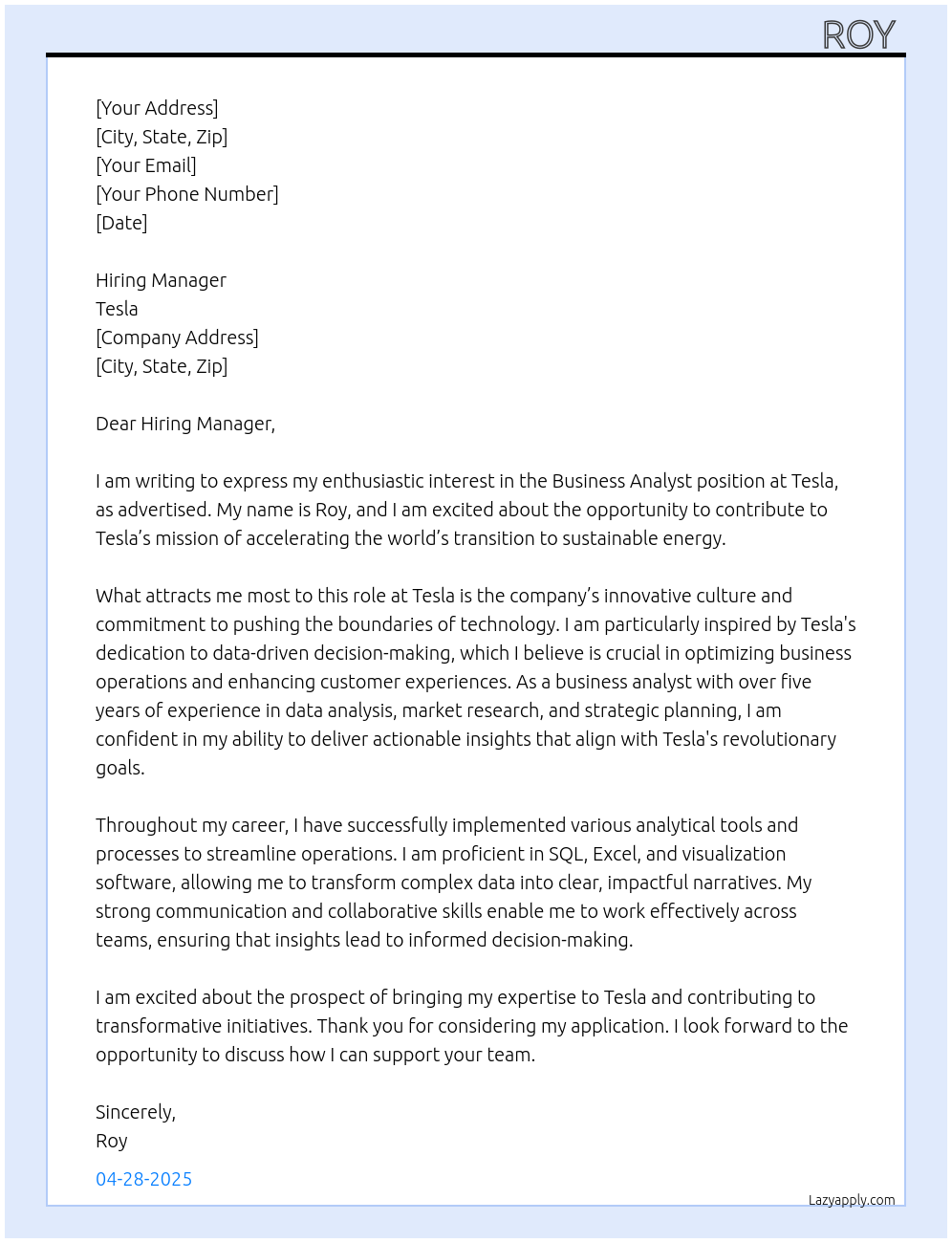 business analyst  At tesla  Cover Letter