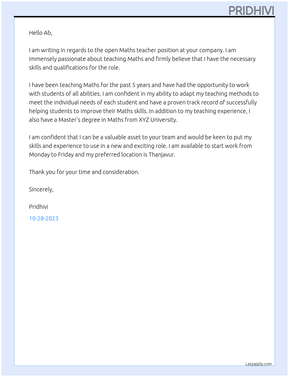 Maths teacher At Ab Cover Letter