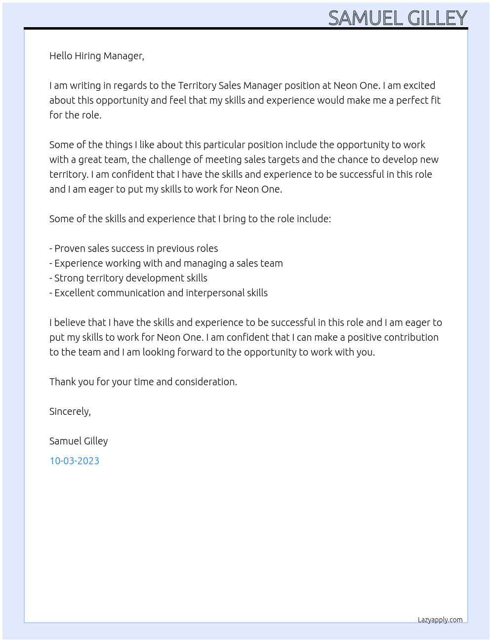 Territory Sales Manager At Neon One Cover Letter