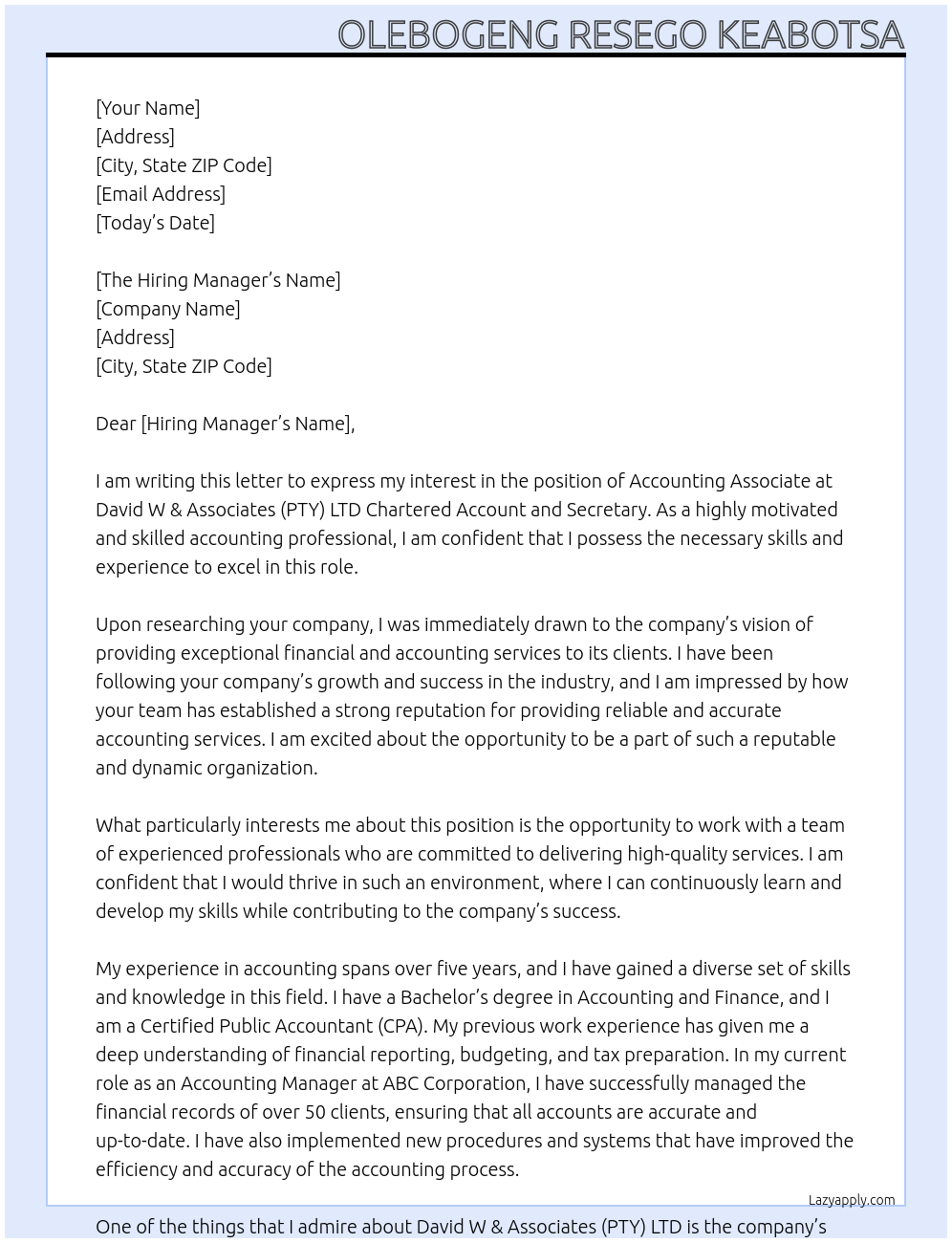 Accounting Associate At David W & Associates (PTY) LTD Chartered Account and Secretary Cover Letter