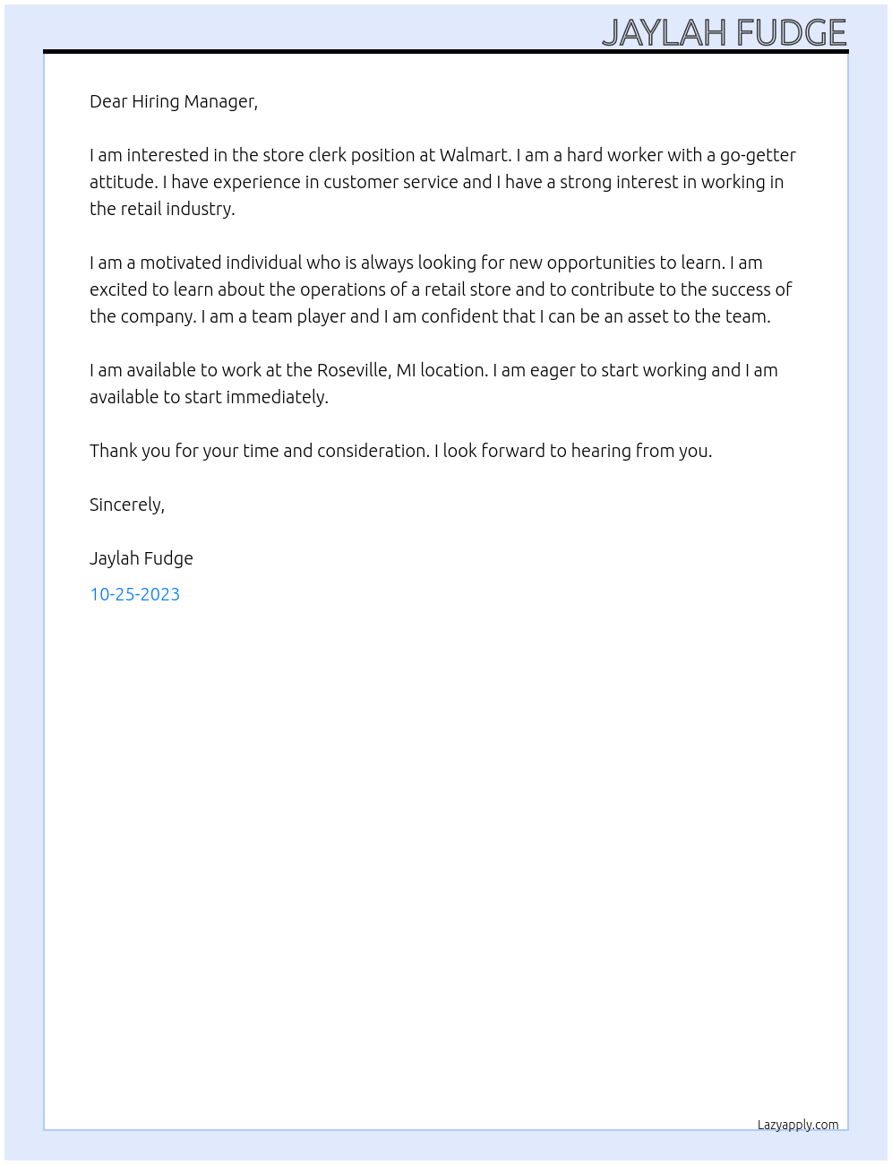 Store clerk At Walmart Cover Letter