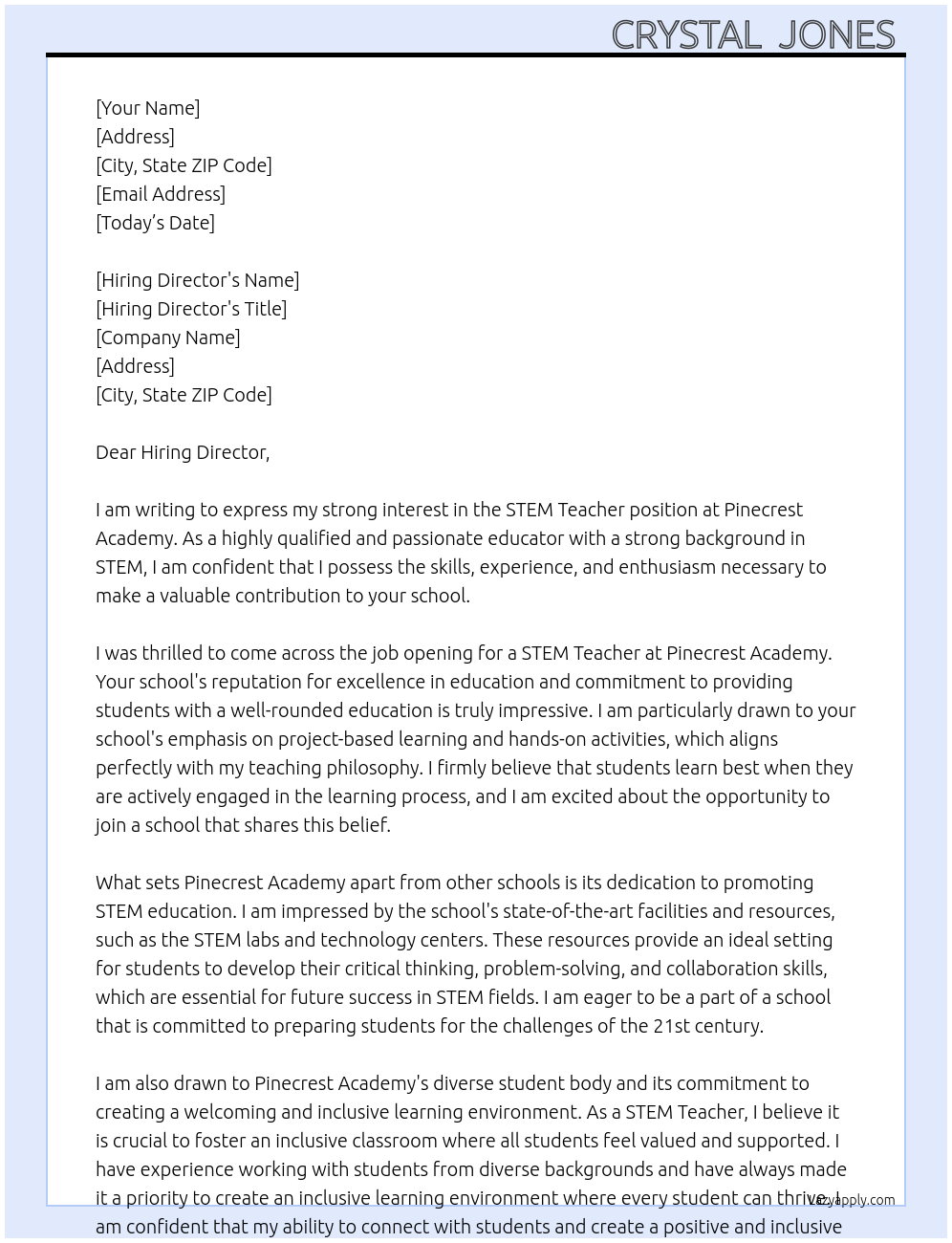STEM TEACHER  At Pinecrest Academy  Cover Letter