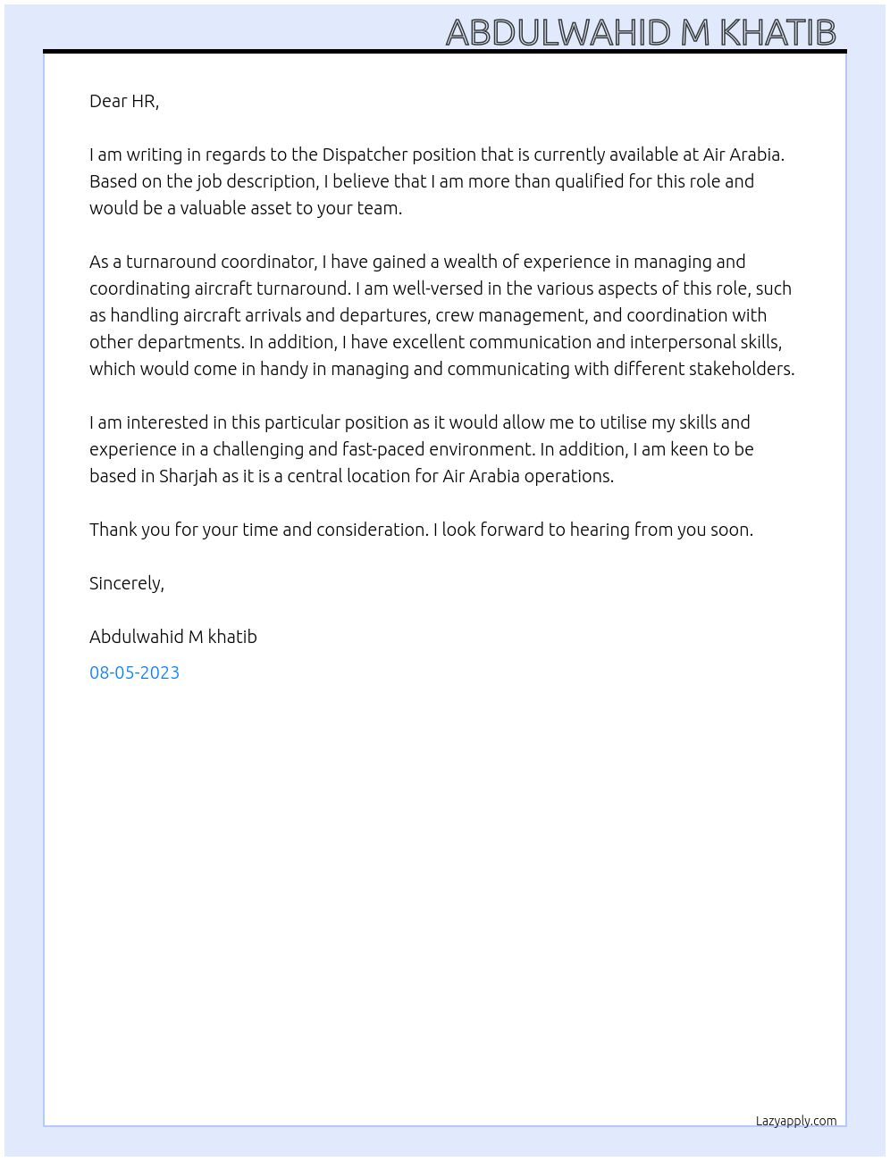 Dispatcher At Air Arabia Cover Letter