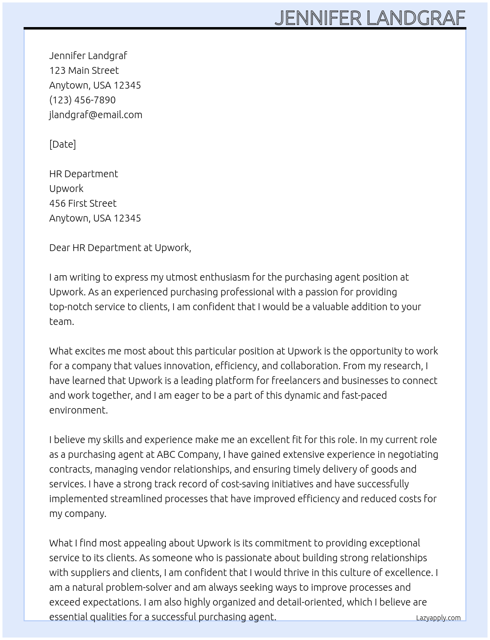 Purchasing agent At Upwork Cover Letter