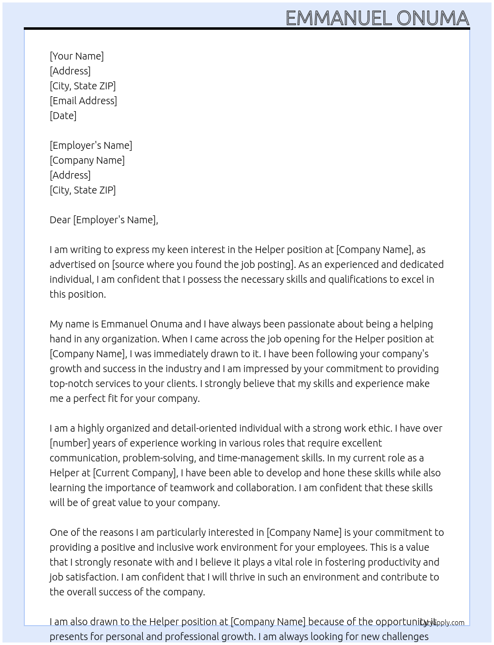 Helper At Emmanuel Onuma Cover Letter