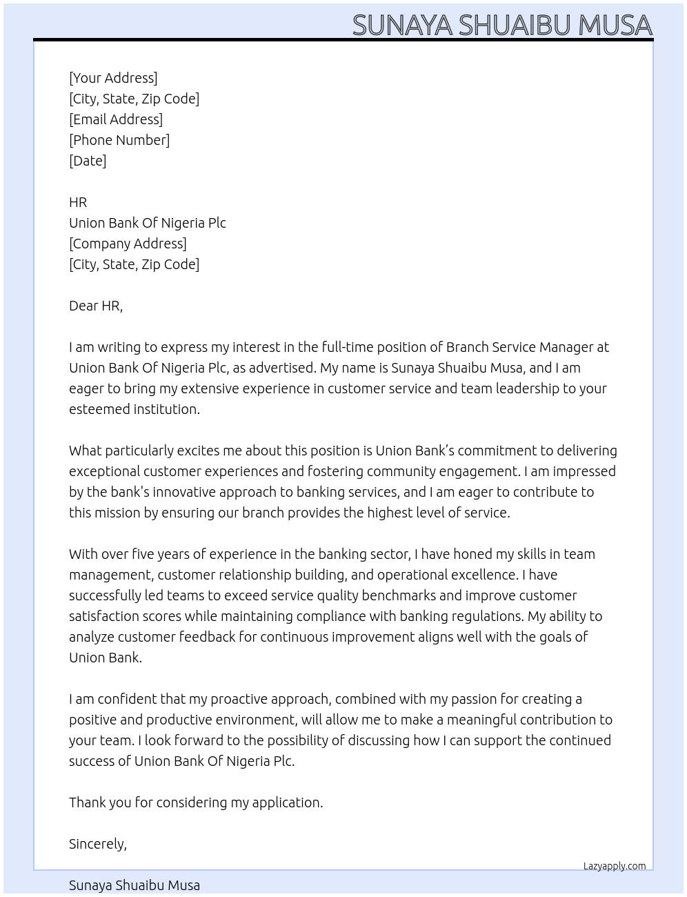 Branch Service Manager At Union Bank Of Nigeria Plc Cover Letter