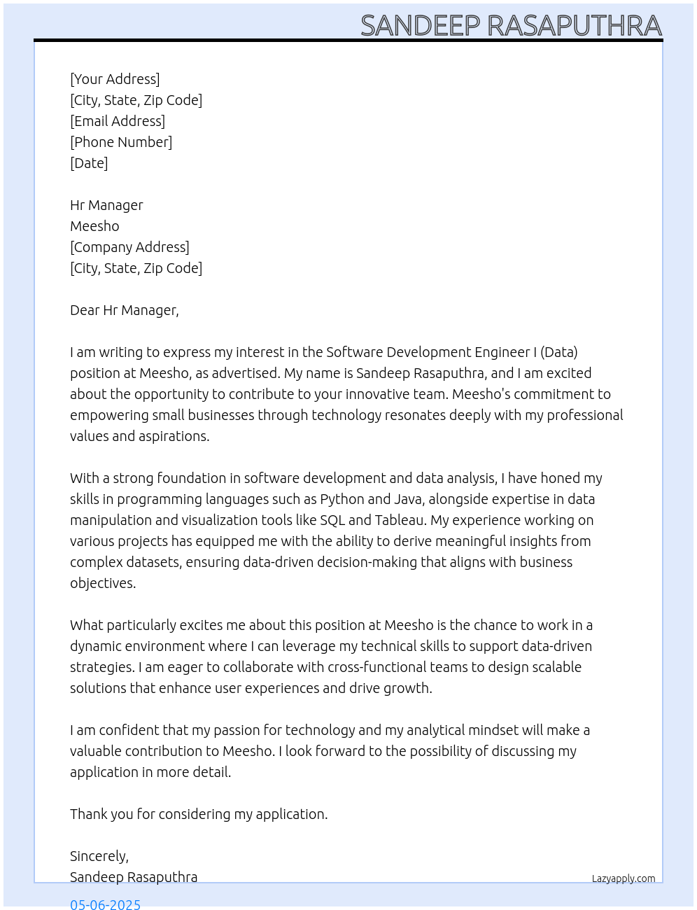 Software Development Engineer I Data At Meesho Cover Letter
