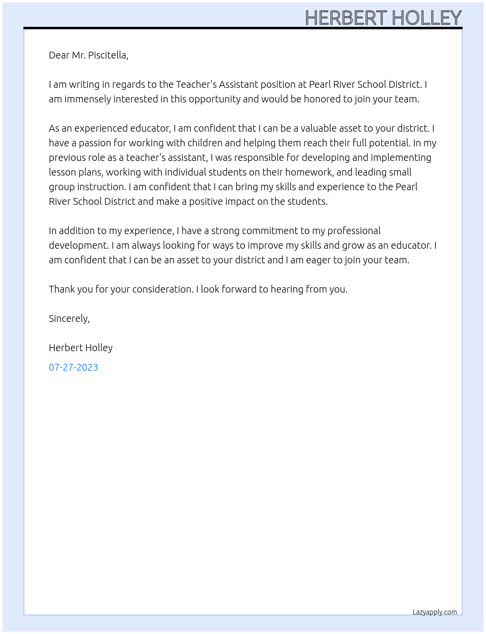 Teacher's Assistant At Pearl River School District Cover Letter