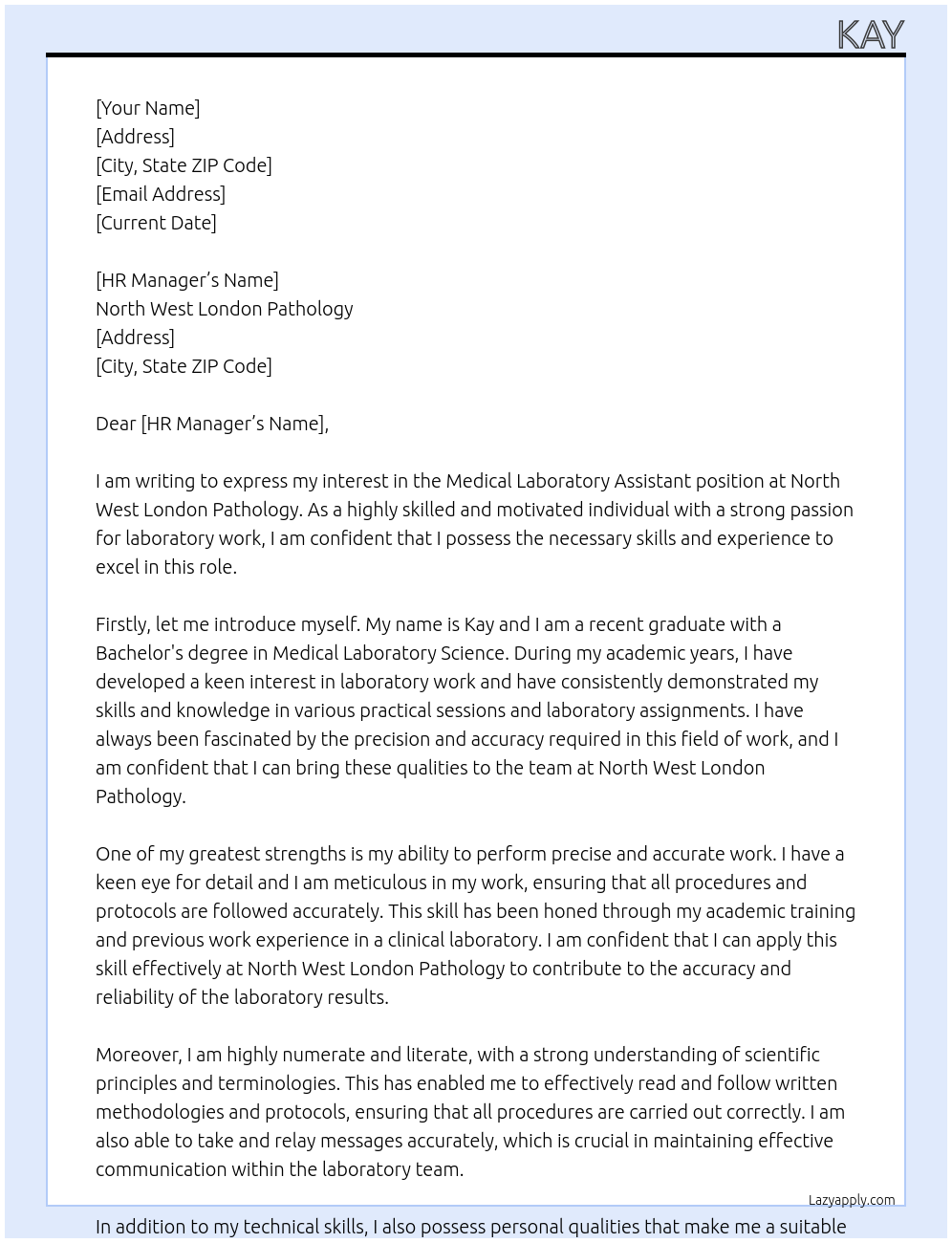 medical laboratory assistant At North West London Pathology Cover Letter