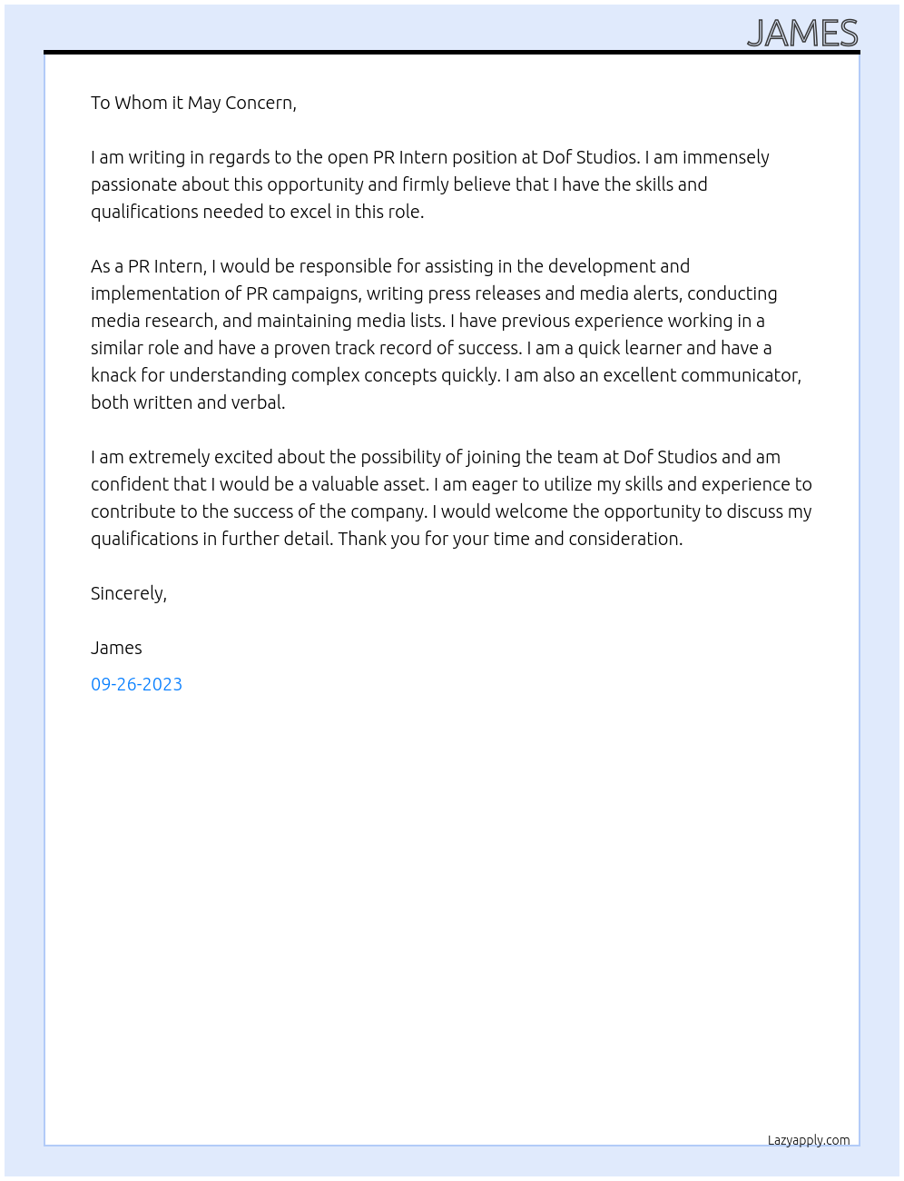 PR Intern At Dof Studios Cover Letter